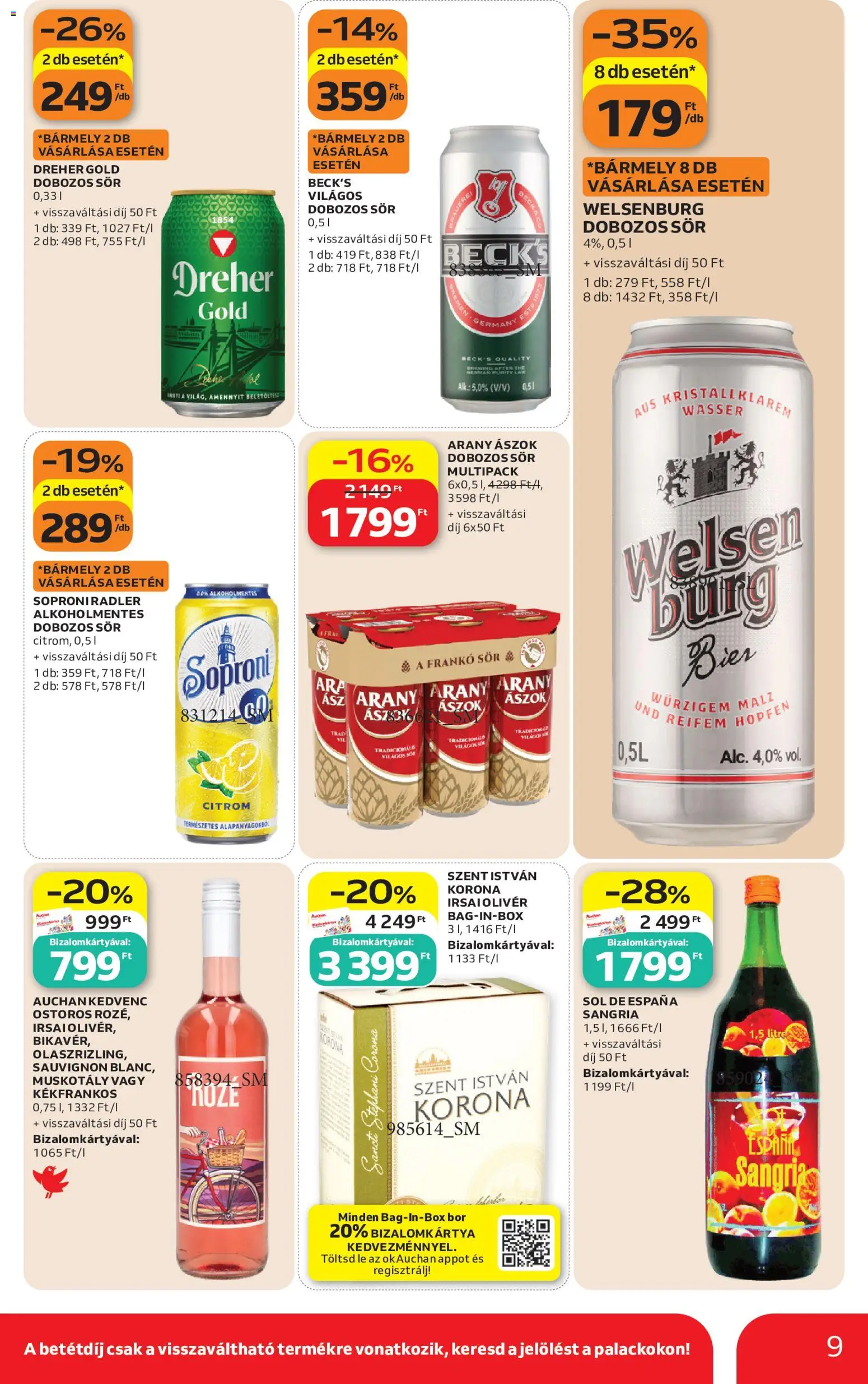 Auchan akciós ujság - amely érvényes a következő dátumtól: 2026.08.27. | Oldal: 9 | Termékek: Arany ászok, Dobozos sör, Bor, Sör