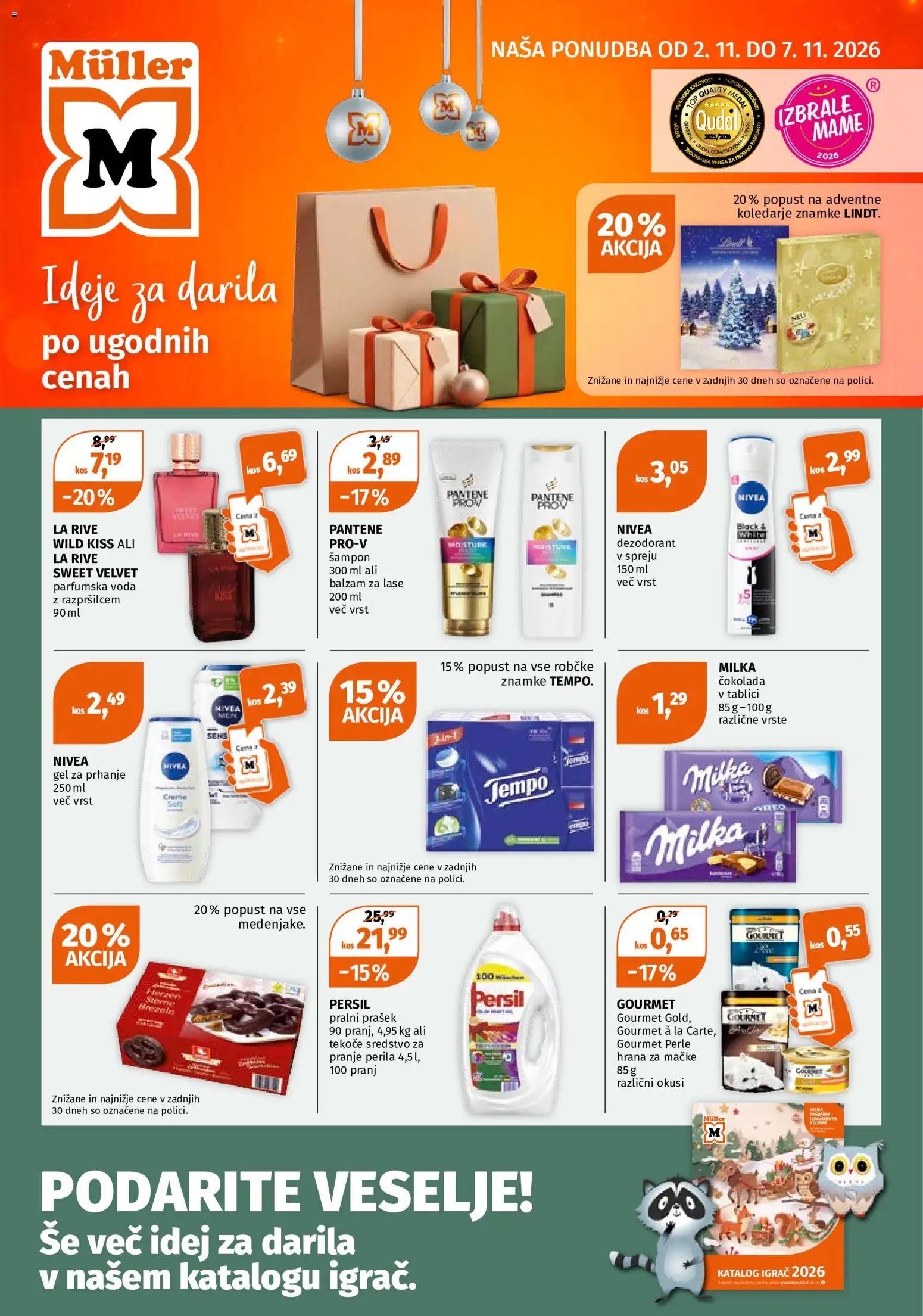Novi Müller katalog ponudbe – veljaven od 02.11.2026 | Stran: 1 | Izdelki: Prašek, Sampon, Cokolada, Voda