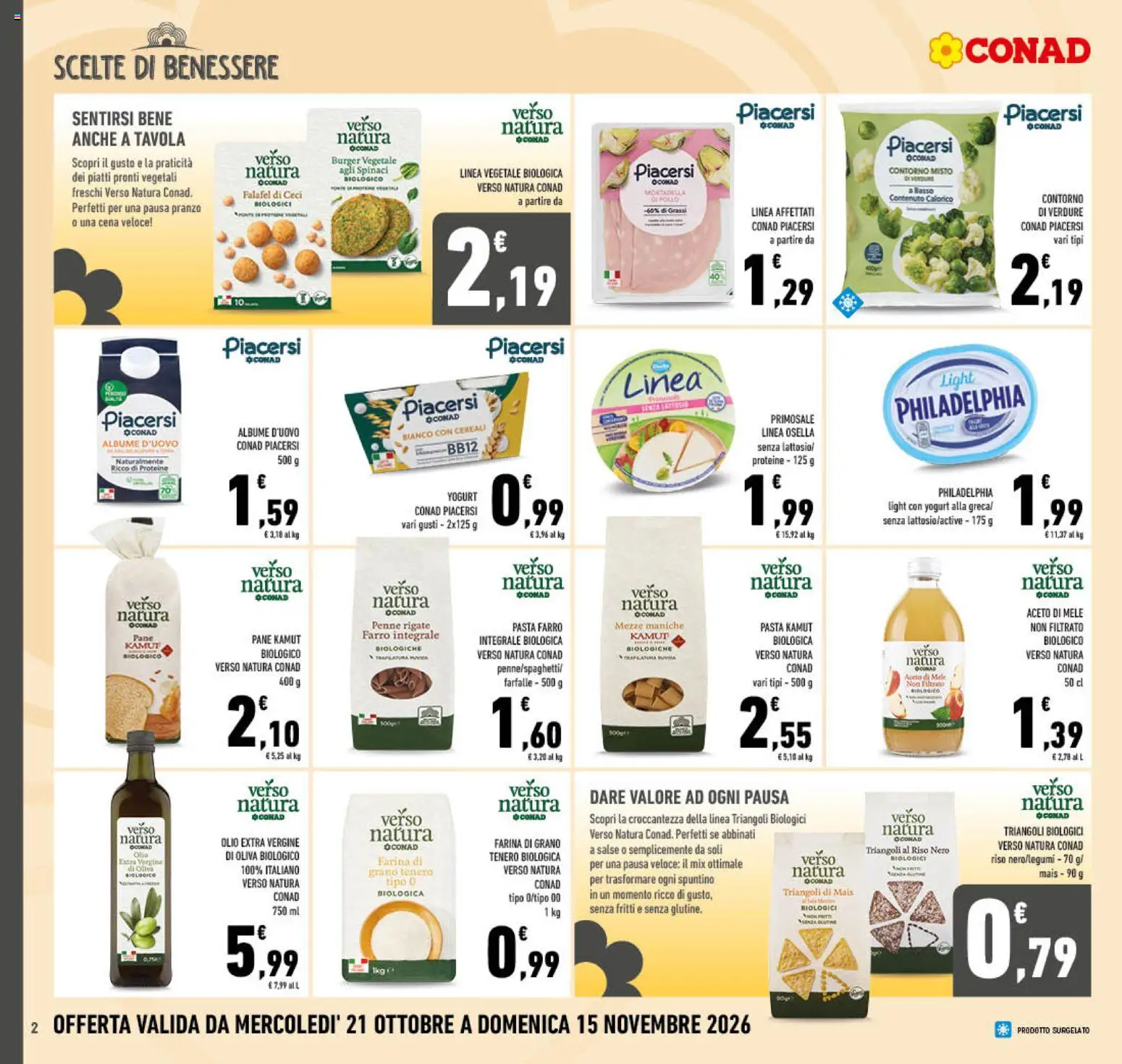 Volantino Conad del 21/10/2026 | Pagina: 2 | Prodotti: Cereali, Farfalle, Falafel, Aceto