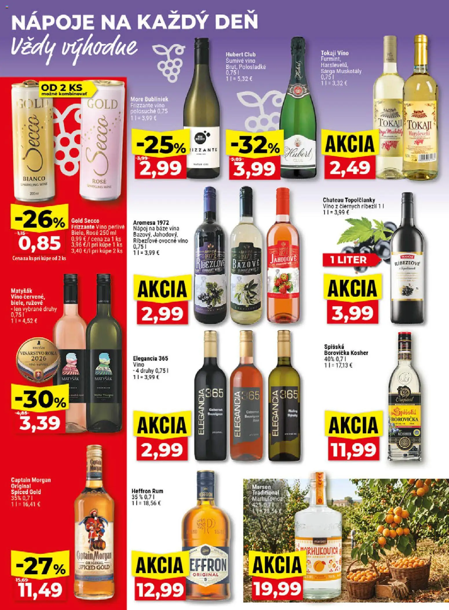 Nové Klas akcie – leták je platný od 02.11.2026 | Strana: 19 | Produkty: Borovička, Secco Bianco, Captain Morgan, Šumivé víno
