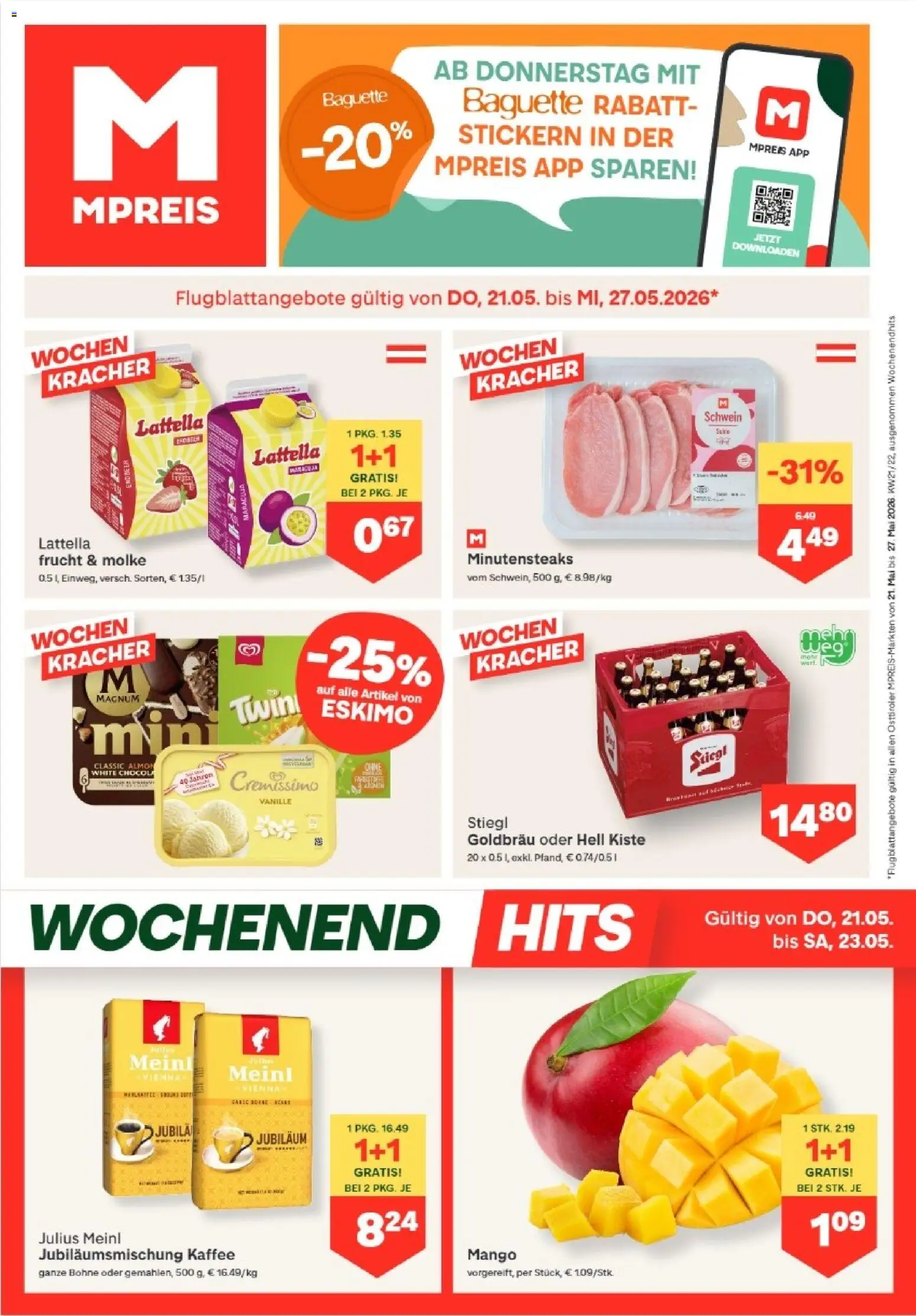 MPREIS Anras gültig ab 21.05.2026 | Seite: 1 | Produkte: Mango, Jääkaappipakastin, Kaffee