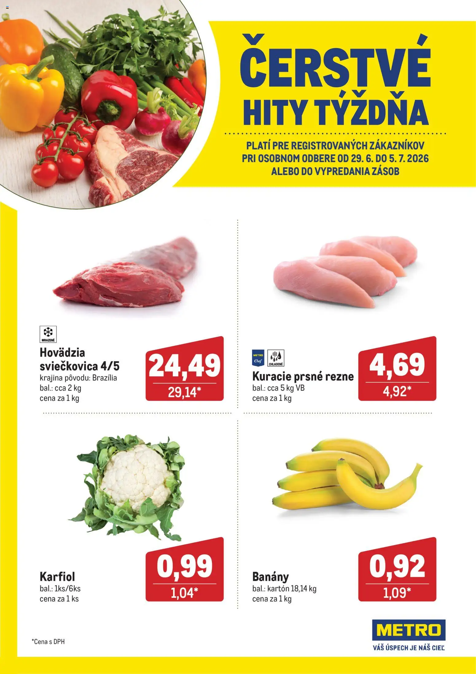 Nové Metro akcie – leták je platný od 29.06.2026 | Strana: 1 | Produkty: Banány, Karfiol