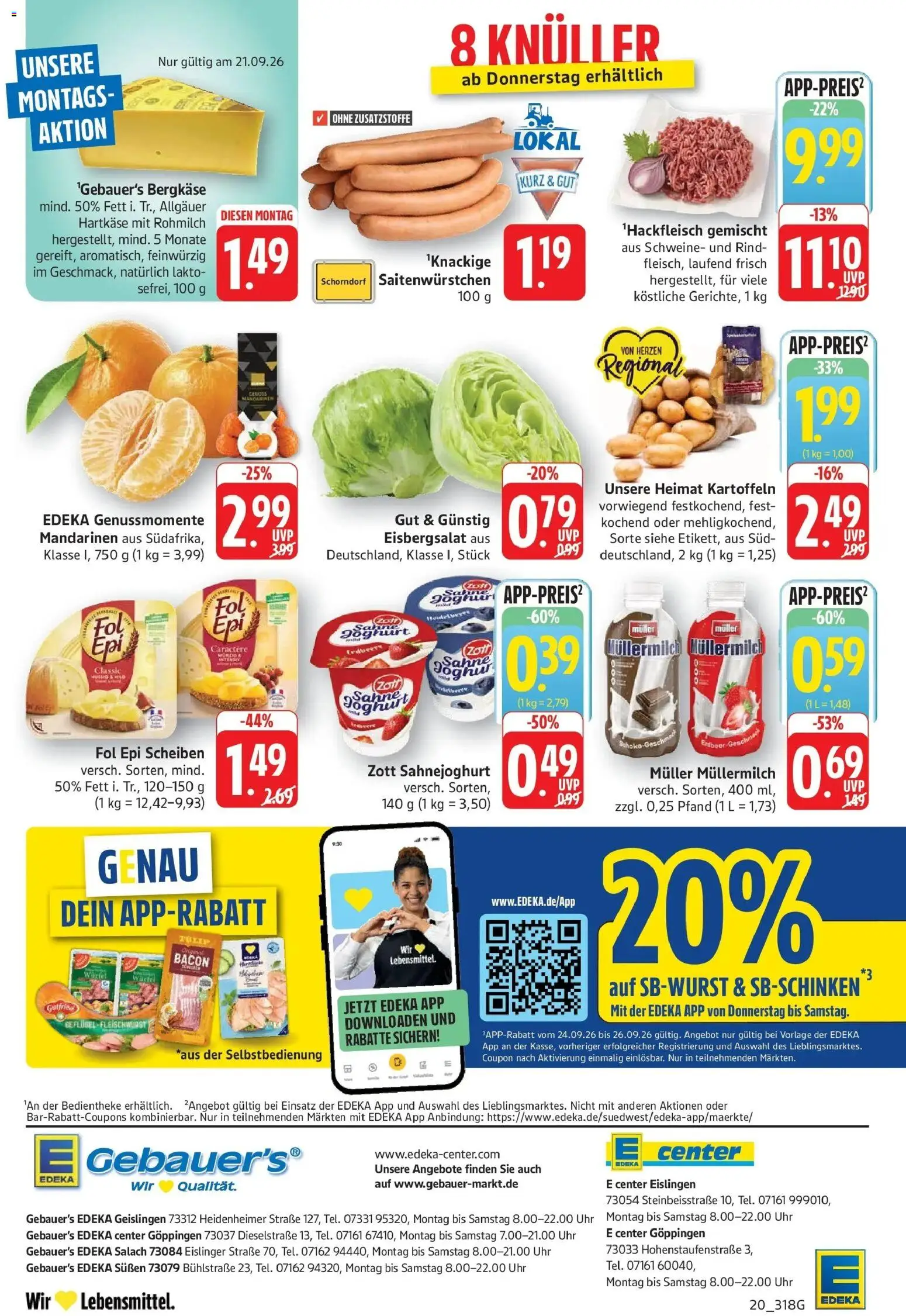 Edeka Prospekt Eislingen (ab 21.09.2026) » Angebote Online | Seite: 20 | Produkte: Mandarinen, Eisbergsalat, Muller mullermilch, Uhr