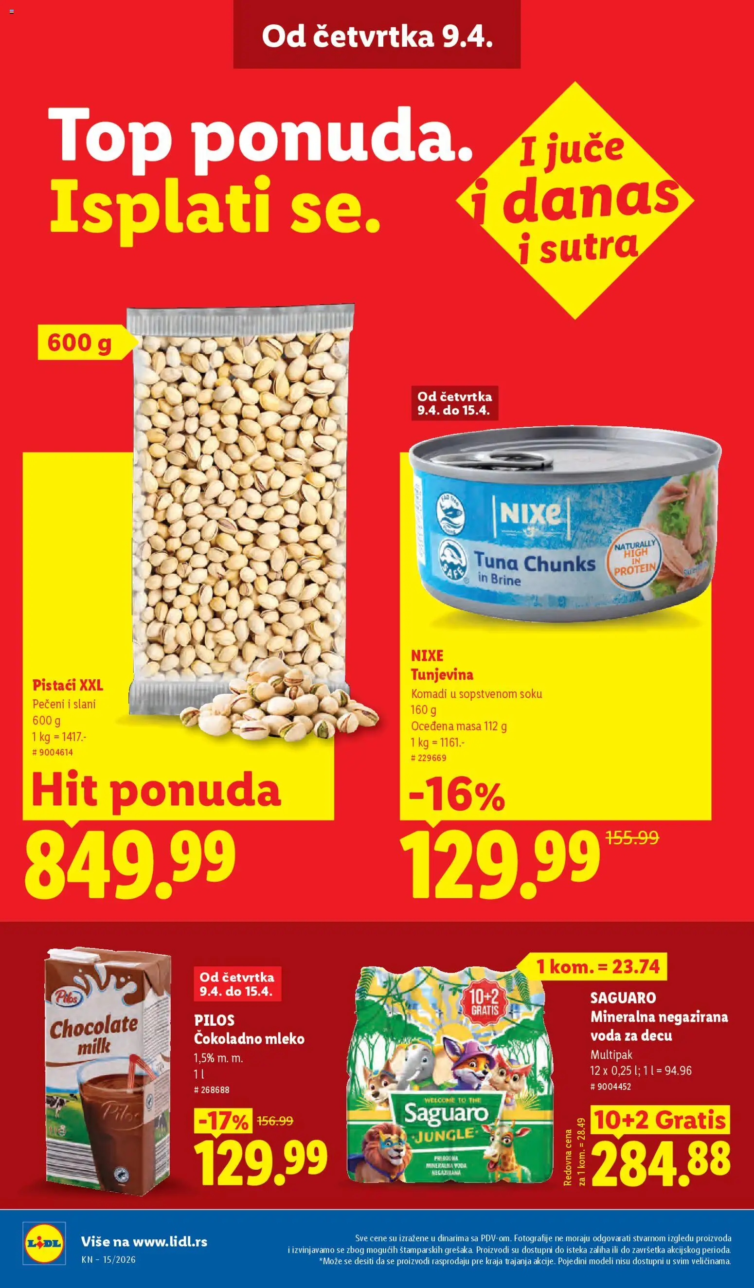 Lidl katalog - važi od 09.04.2026 | Strana: 24 | Proizvode: Tuna, Čokoladno mleko, Pistaći, Negazirana voda