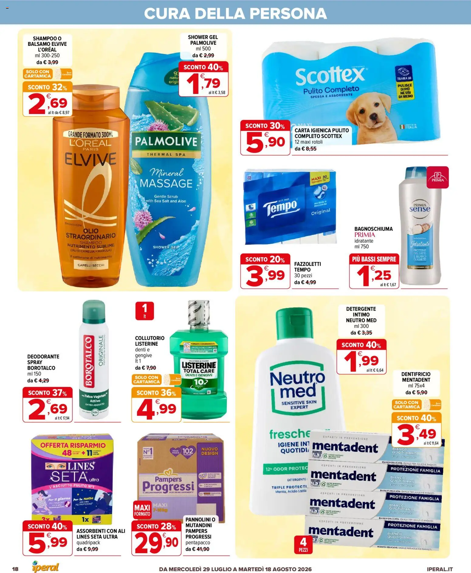 Volantino Iperal del 29/07/2026 | Pagina: 18 | Prodotti: Balsamo, Detergente intimo, Scrub, Listerine
