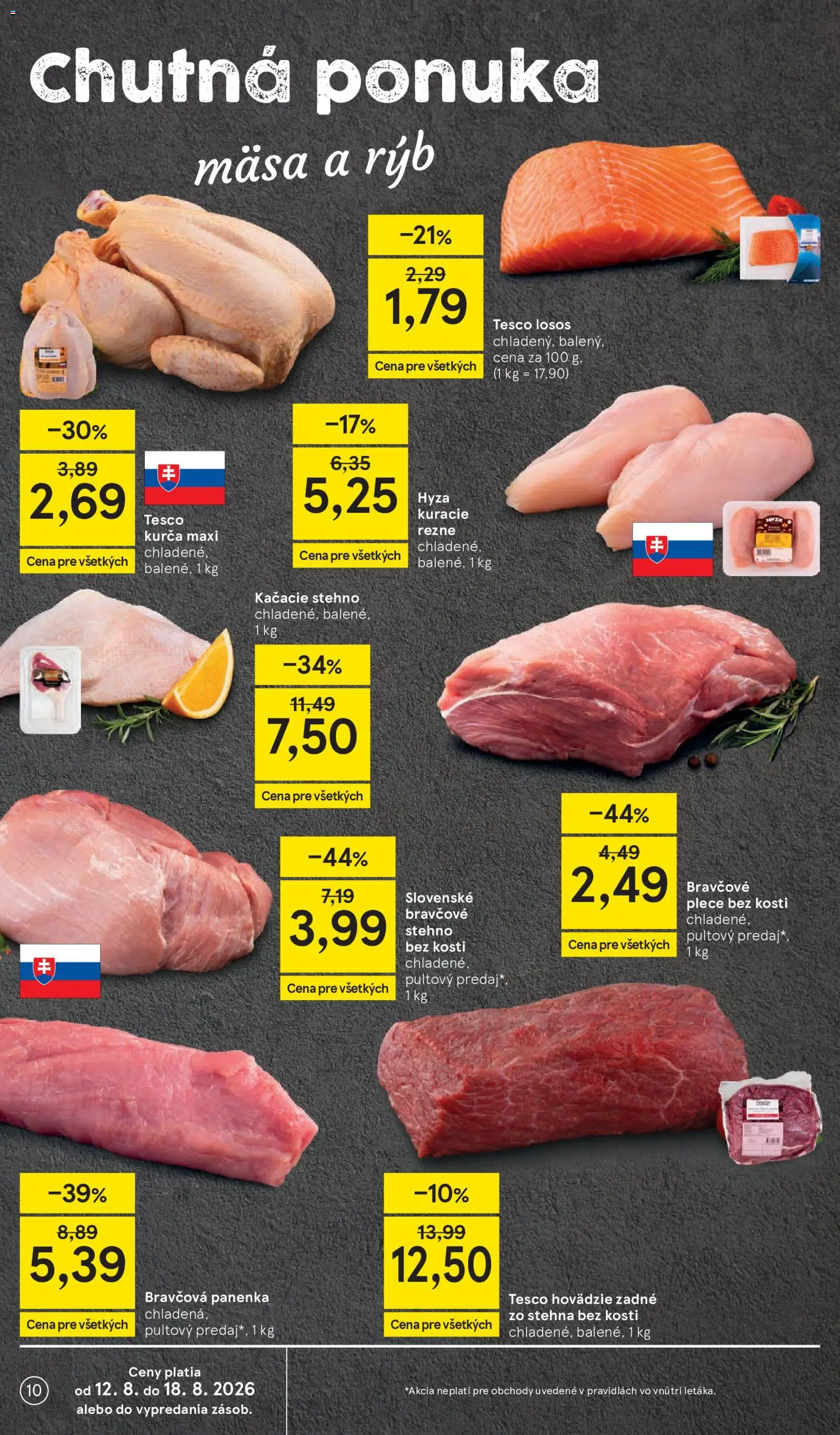 Nové Tesco akcie – leták je platný od 12.08.2026 | Strana: 10 | Produkty: Hovädzie zadné, Bravčová panenka, Bravčové plece, Losos