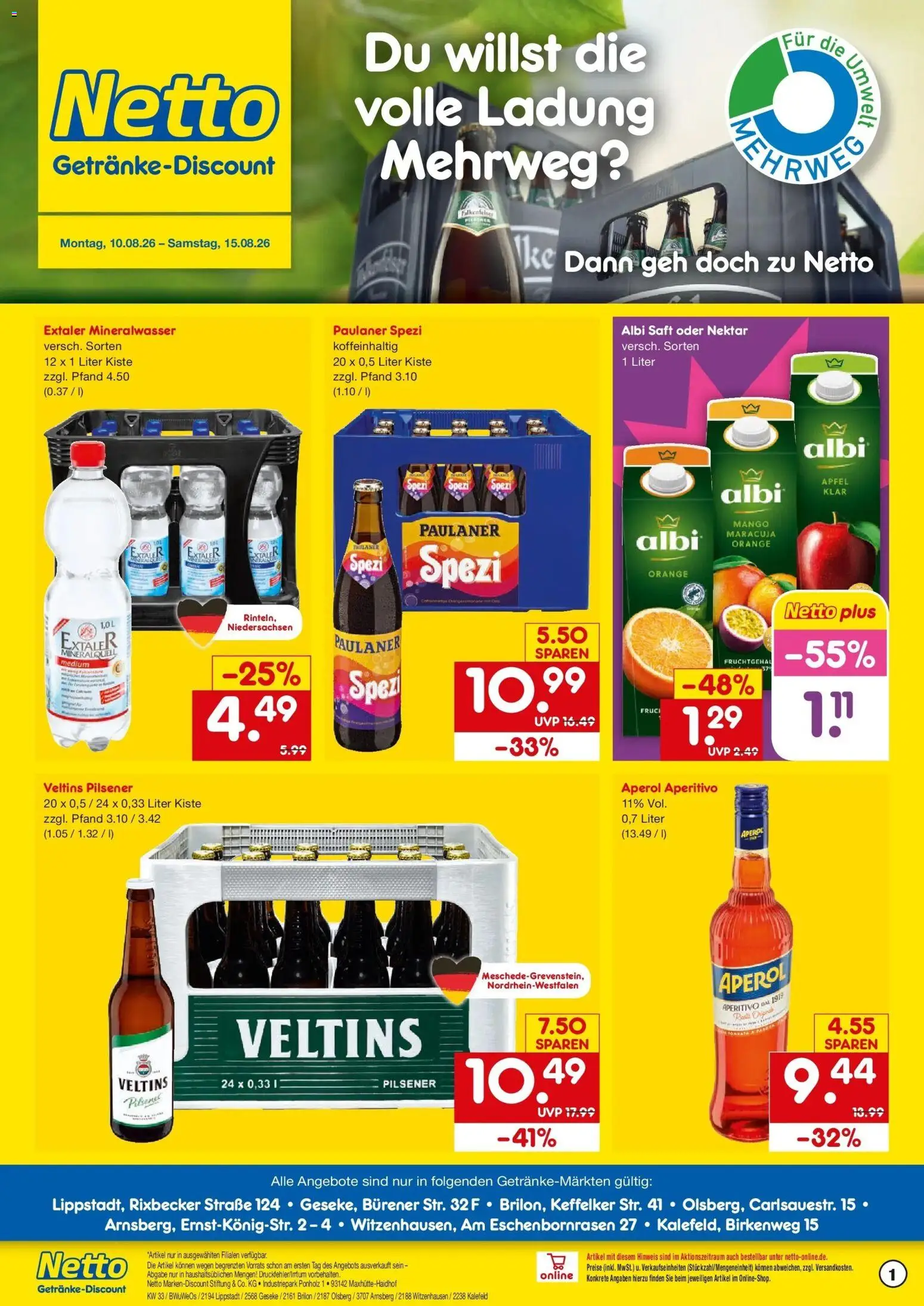 Netto Marken-Discount Prospekt Brilon (ab 10.08.2026) » Angebote | Seite: 1 | Produkte: Paulaner spezi, Mango, Paulaner, Veltins