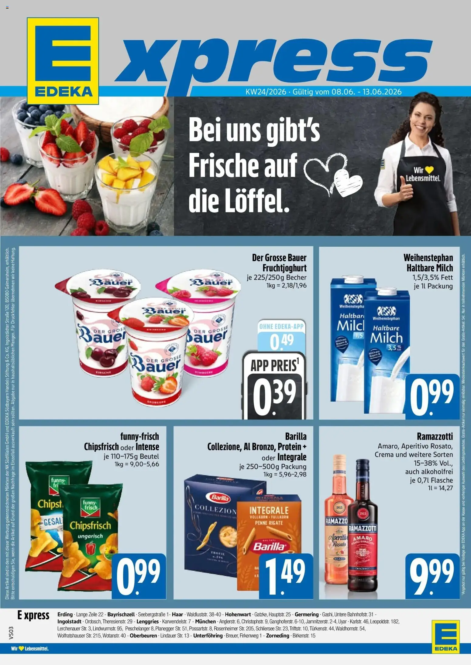 E xpress Prospekt Ingolstadt – gültig ab 08.06.2026 | Seite: 1 | Produkte: Milch, Haltbare milch, Fruchtjoghurt, Chips