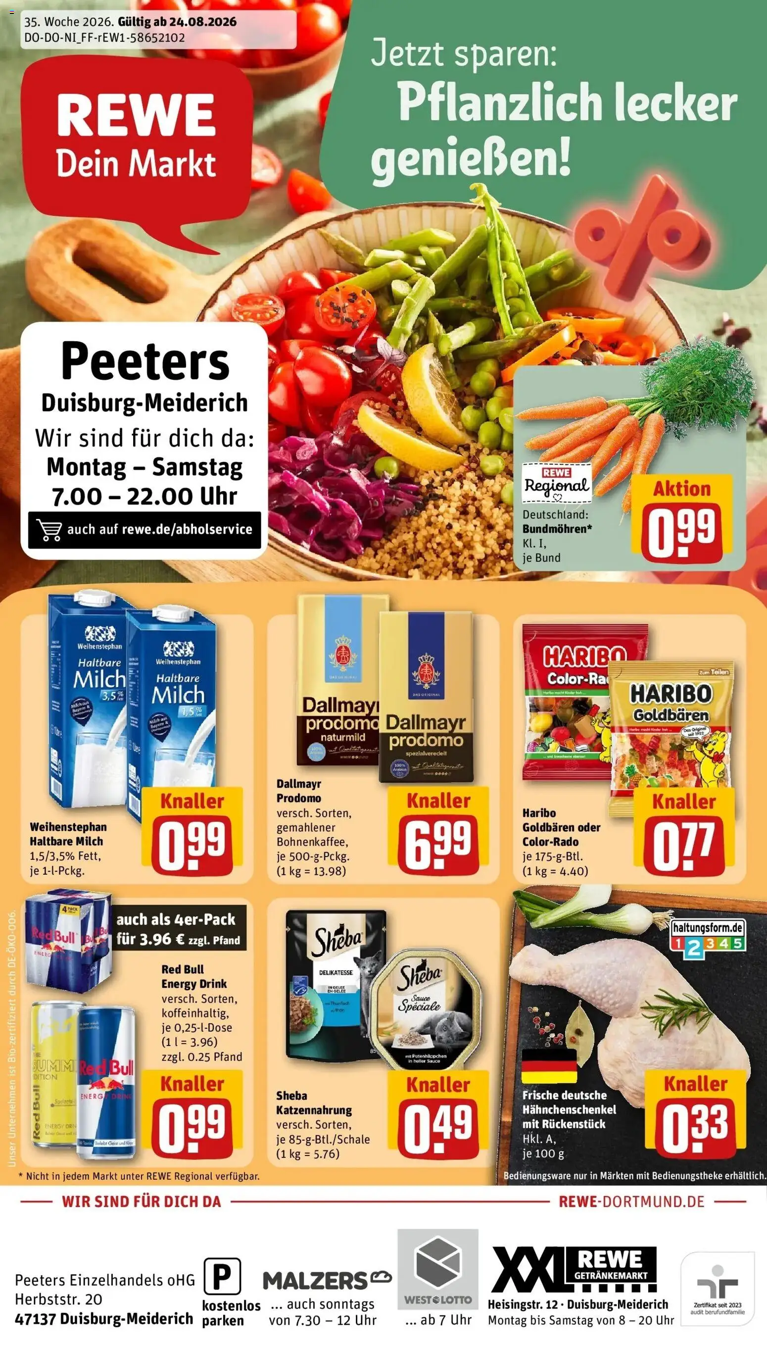 REWE Prospekt ab 24.08.2026 zum Blättern » Angebote | Seite: 1 | Produkte: Sheba, Red bull, Haribo, Haltbare milch