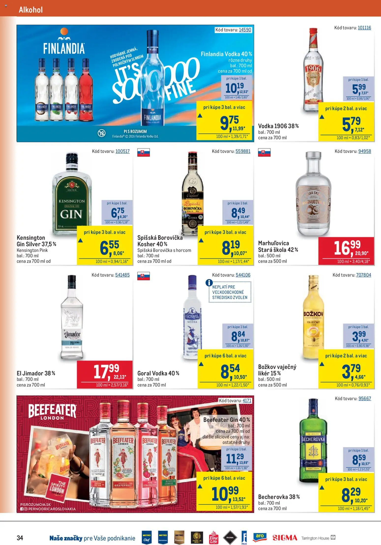 Nové Metro akcie – leták je platný od 26.08.2026 | Strana: 34 | Produkty: Beefeater, Borovička, Finlandia Vodka, Vodka