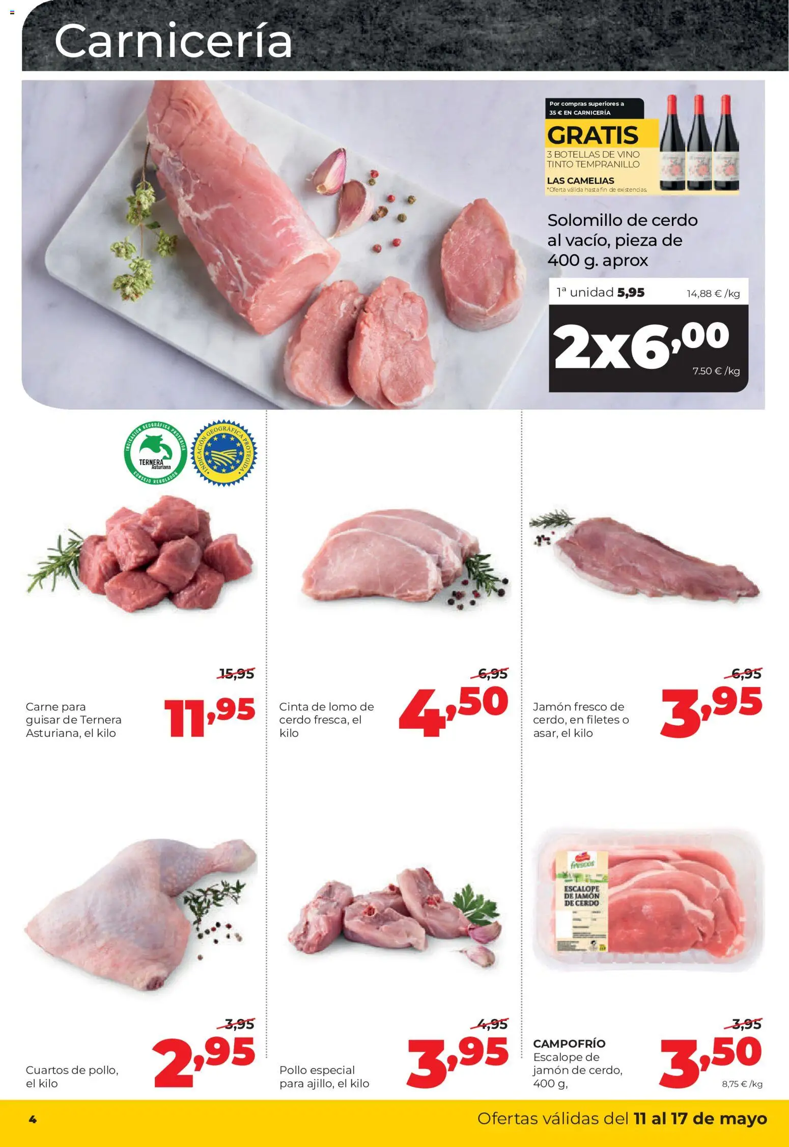 Alimerka folleto Asturias │ válido desde el 11.05.2026 | Página: 4 | Productos: Solomillo de cerdo, Jamón, Vino, Cerdo