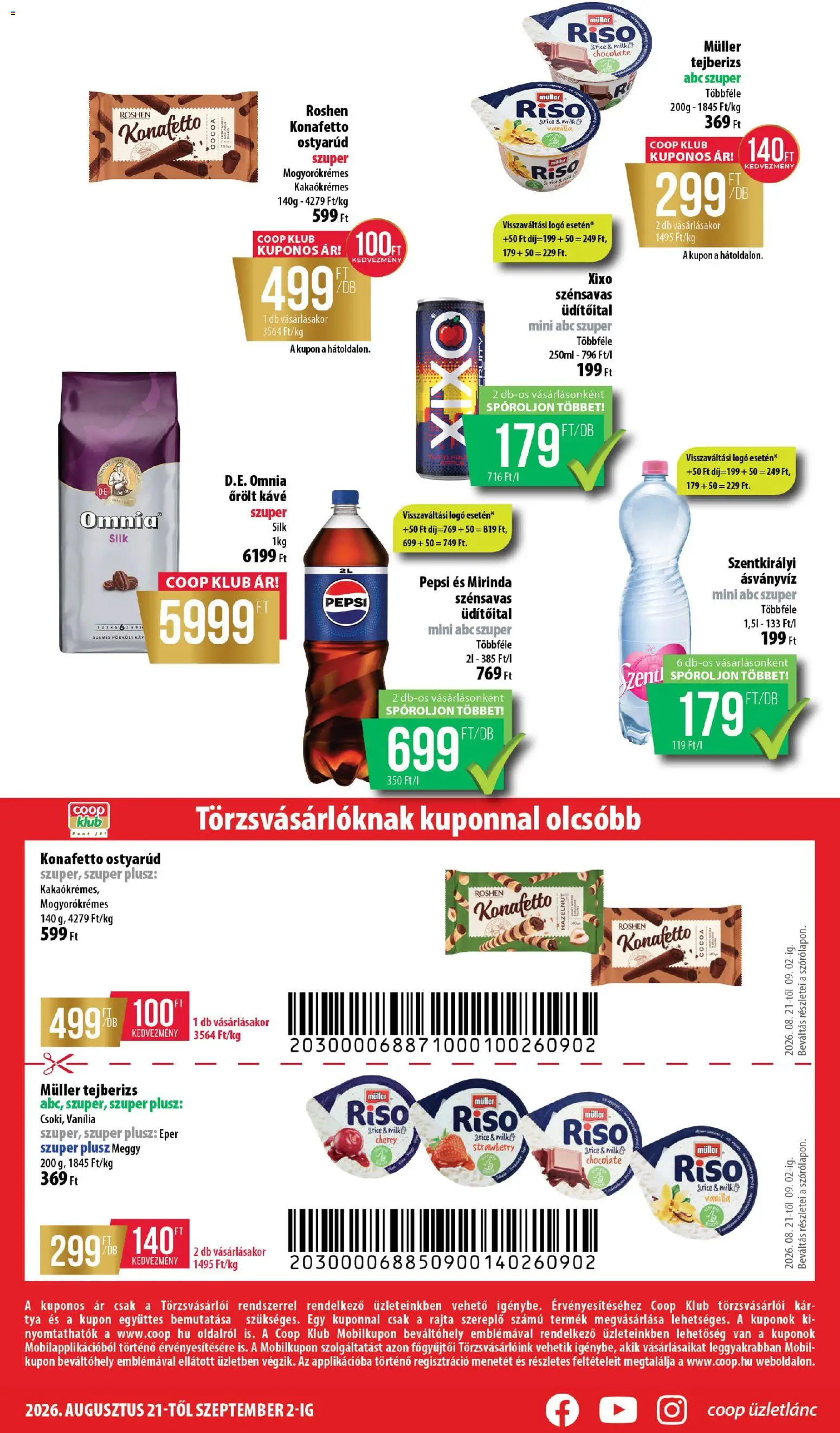 COOP akciós ujság - amely érvényes a következő dátumtól: 2026.08.21. | Oldal: 8 | Termékek: Kávé, Omnia, Ásványvíz, Roshen