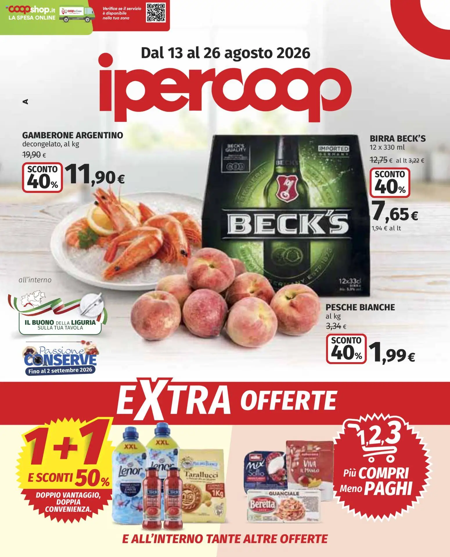 Volantino Ipercoop del 13/08/2026 | Pagina: 1 | Prodotti: Birra Beck's, Conserve, Pesche, Guanciale