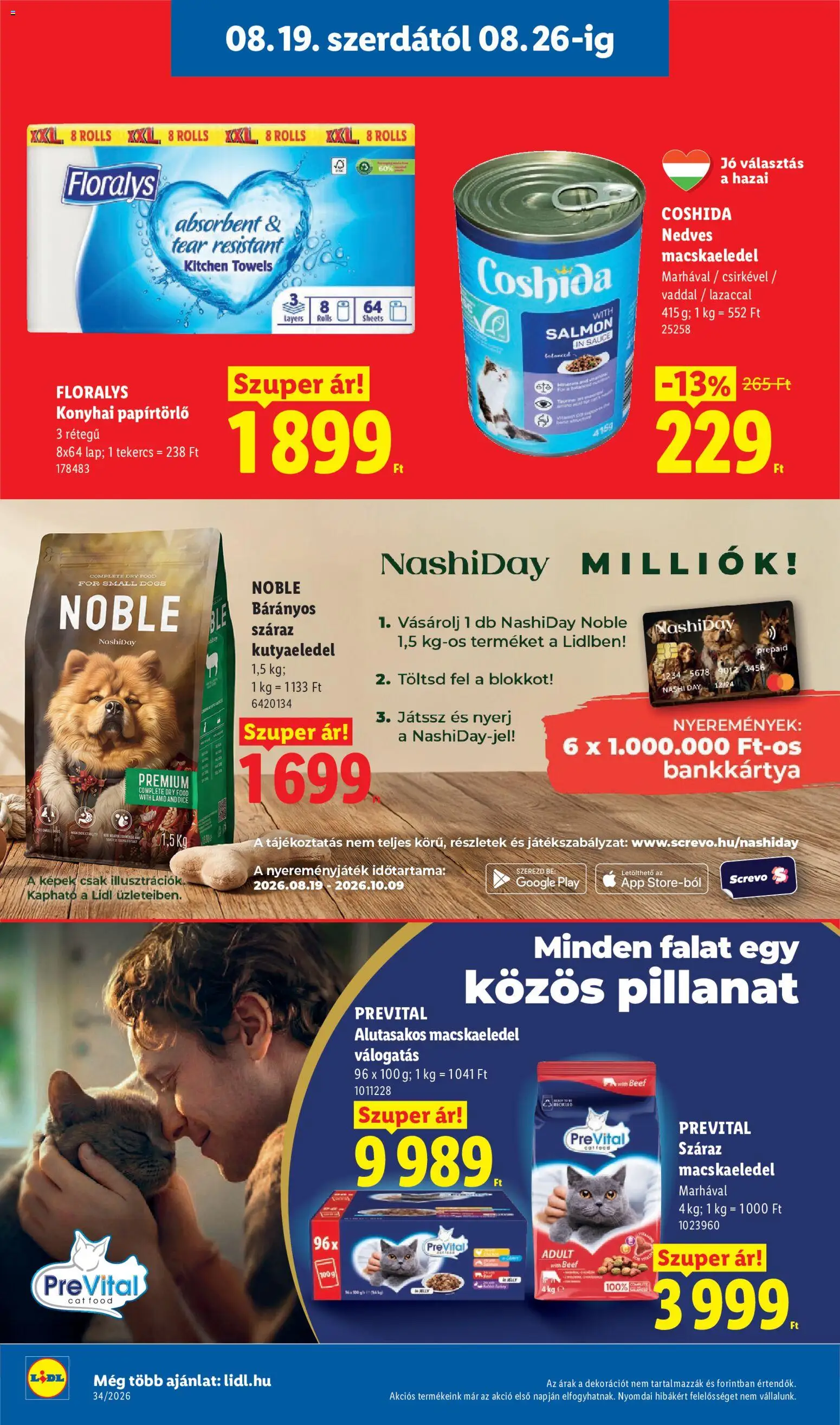 Lidl akciós ujság - amely érvényes a következő dátumtól: 2026.08.19. | Oldal: 18 | Termékek: Papírtörlő, Kutyaeledel, Prevital, Száraz macskaeledel