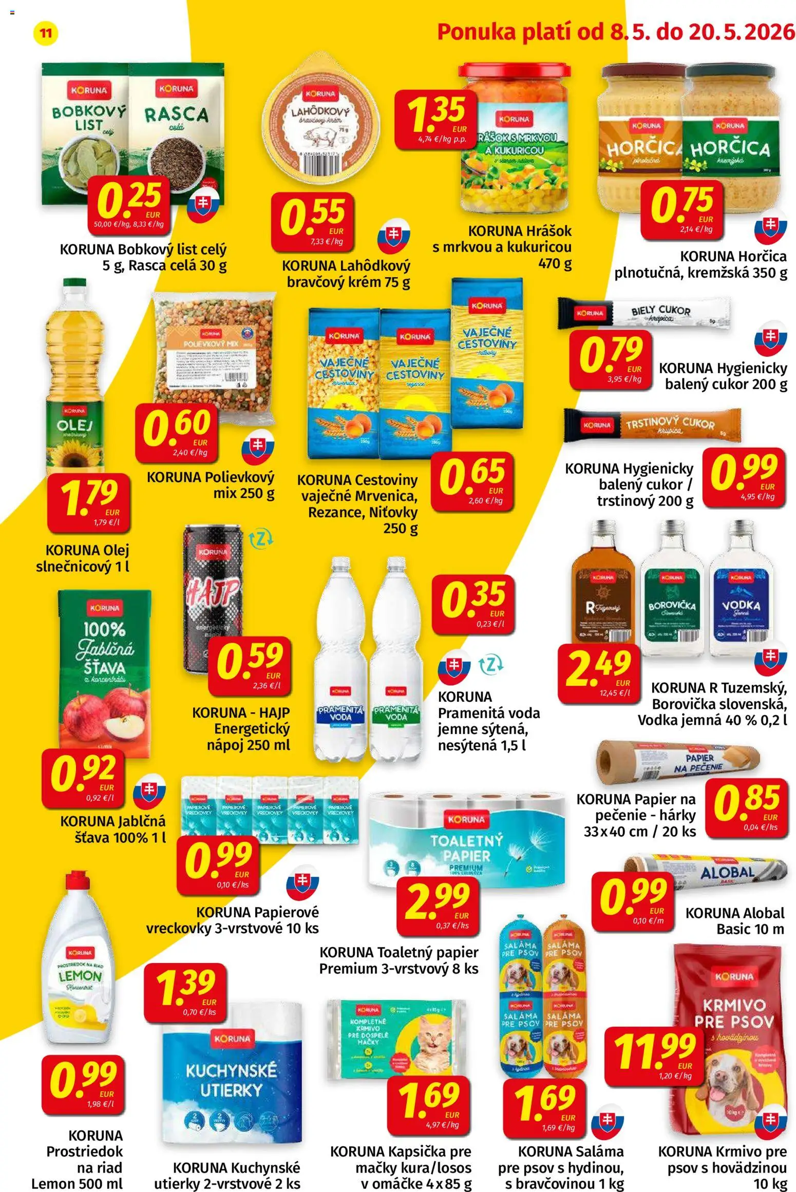 Nové Koruna akcie – leták je platný od 08.05.2026 | Strana: 11 | Produkty: Olej, Hrášok, Toaletný papier, Trstinový cukor