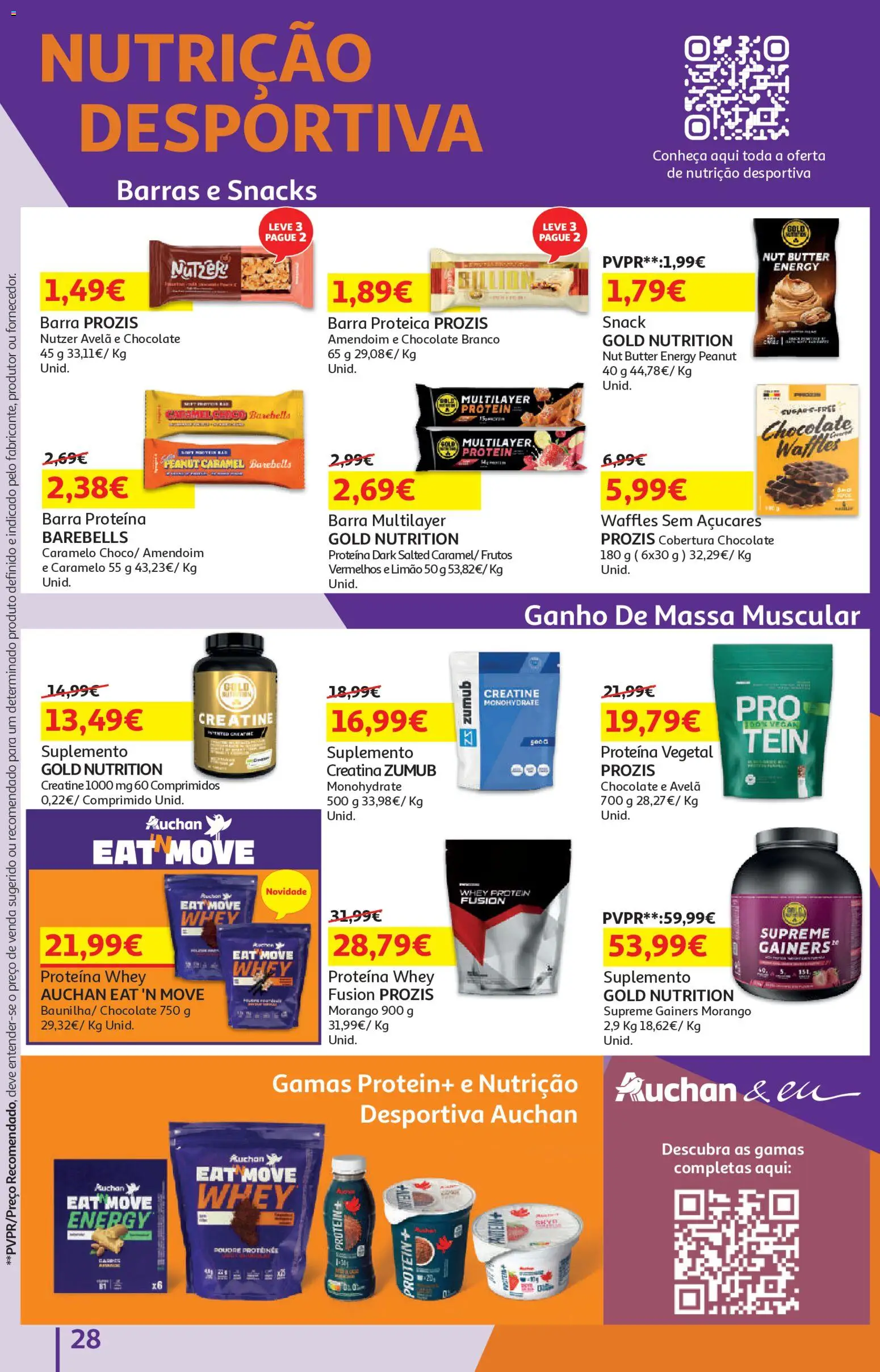 Auchan - Vida no Exterior │ válido de 06.05.2026 | Página: 28 | Produtos: Creatina, Chocolate, Whey protein, Massa