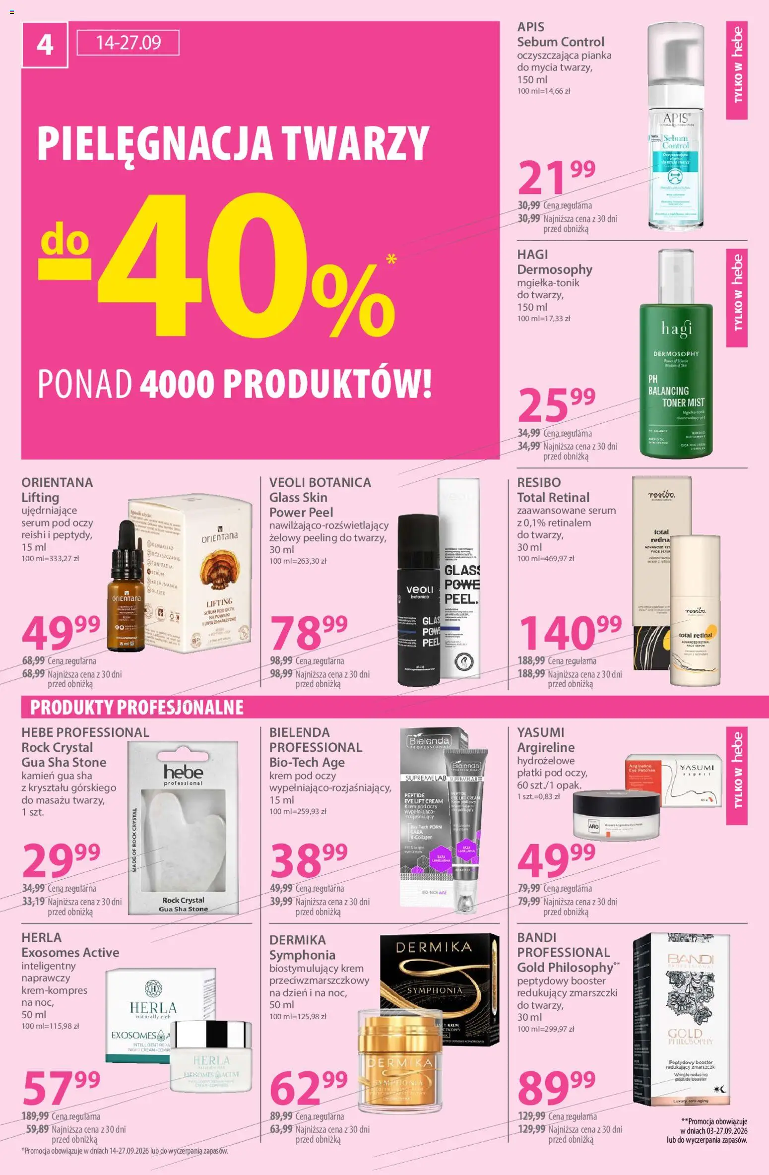 Hebe gazetka od 14.09.2026 | Strona: 4 | Produkty: Toner, Bielenda, Peeling, Krem