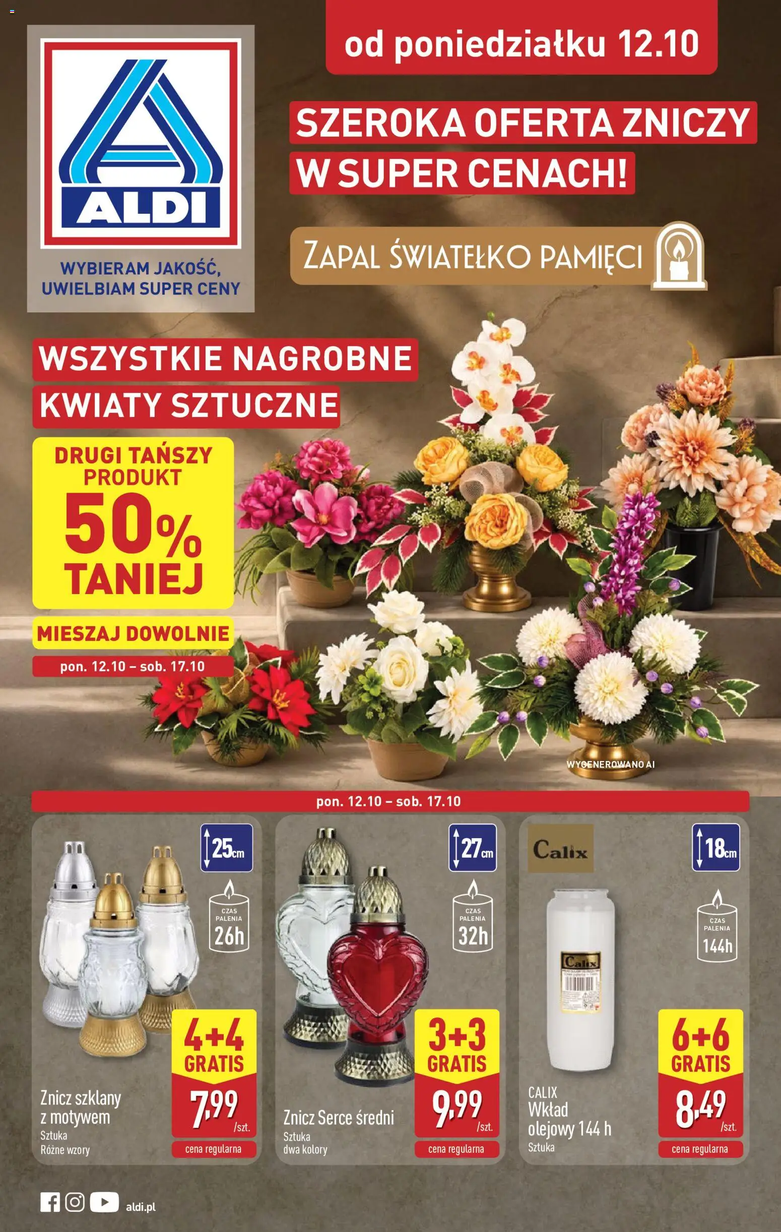 Aldi gazetka - Znicze i stroiki od 12.10.2026 | Strona: 1 | Produkty: Kwiaty sztuczne, Kwiaty