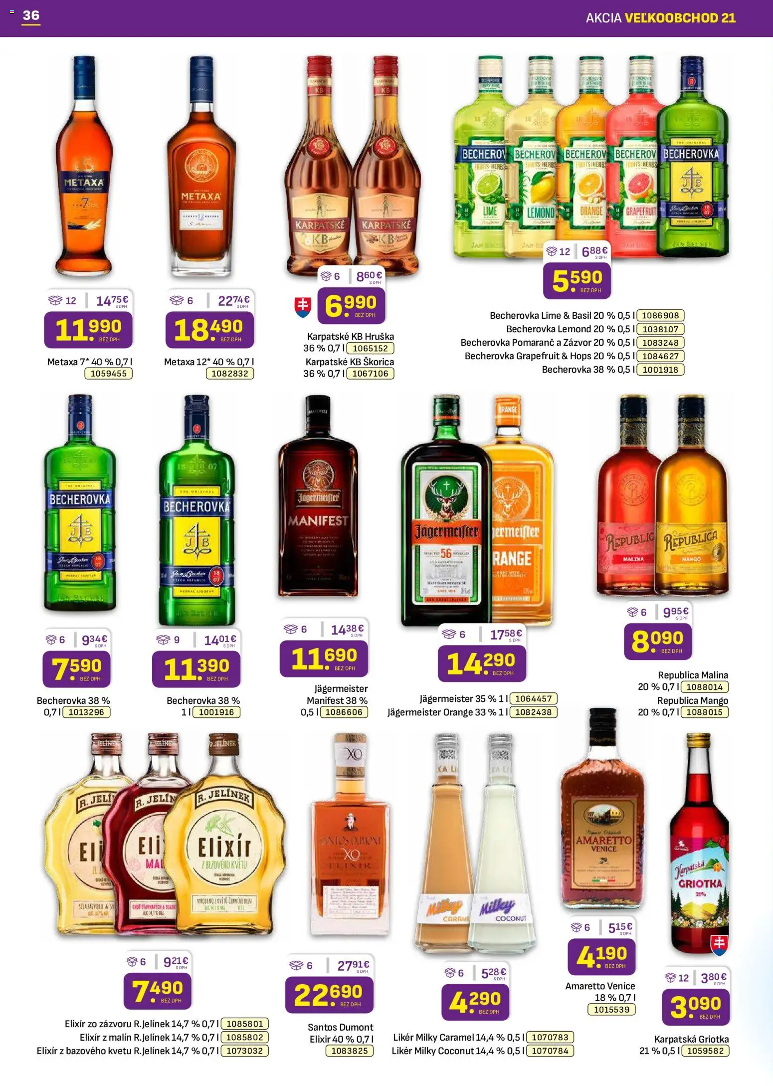 Nové Libex akcie – leták je platný od 19.10.2026 | Strana: 36 | Produkty: Becherovka, Jägermeister Orange, Republica, Metaxa 7*
