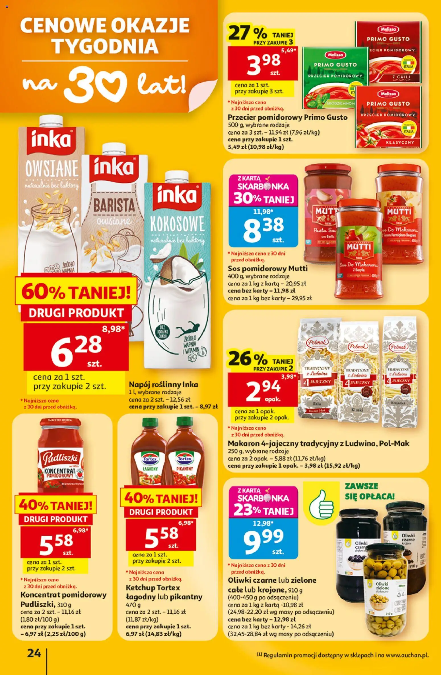 Auchan gazetka - 30 Lat Hipermarket od 02.07.2026 | Strona: 24 | Produkty: Przecier pomidorowy, Koncentrat pomidorowy, Makaron, Sos
