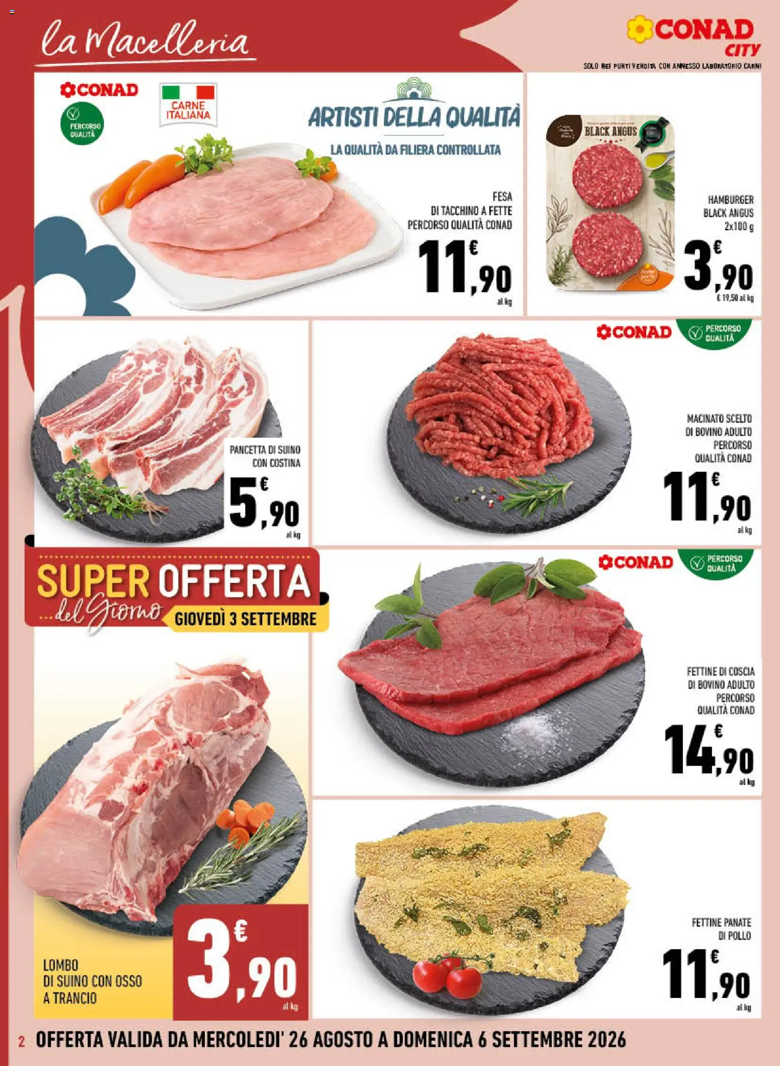 Volantino Conad del 26/08/2026 | Pagina: 2 | Prodotti: Bovino, Carne, Hamburger, Macinato