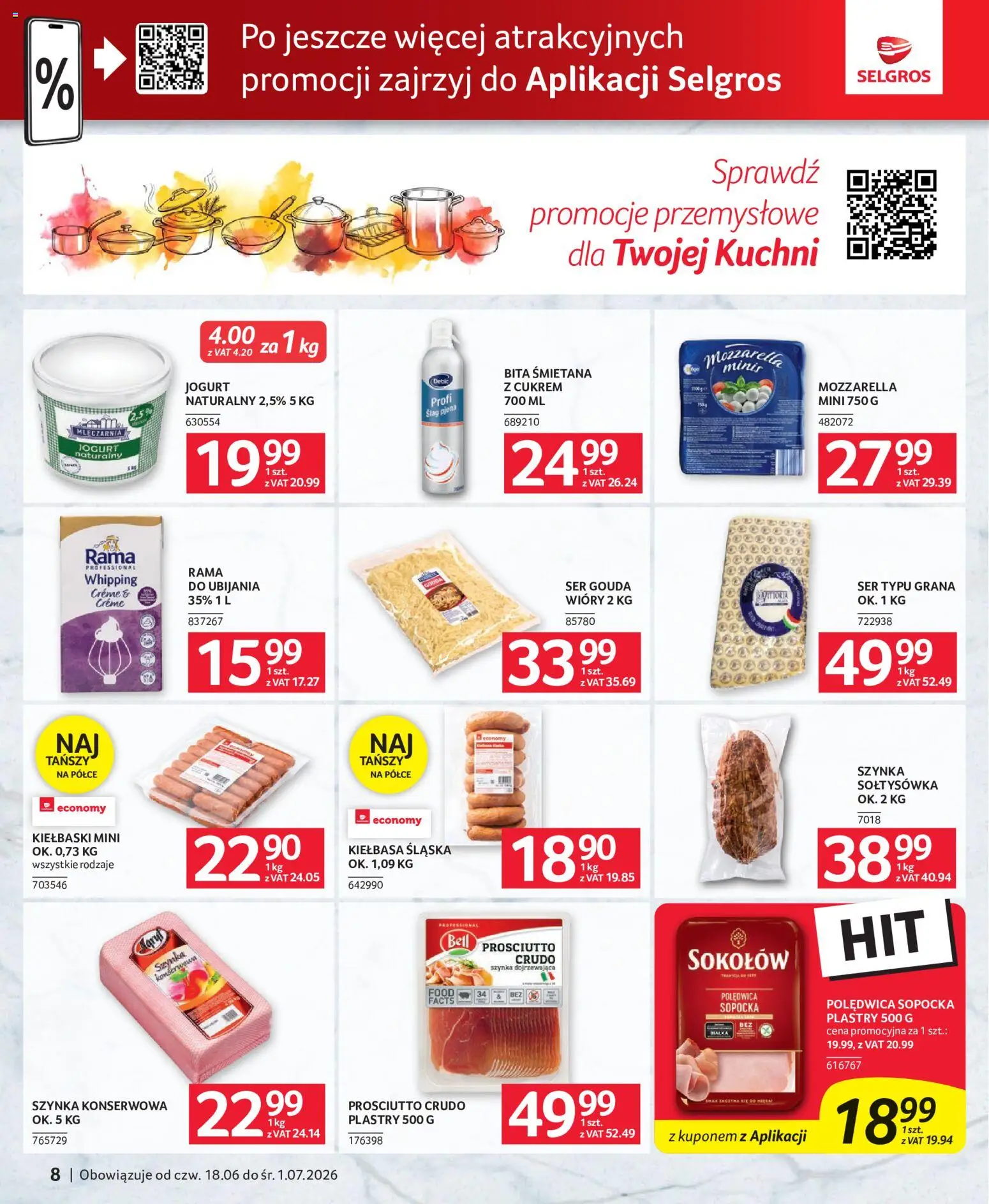 Selgros cash&carry gazetka - Oferta dla gastronomii od 18.06.2026 | Strona: 8 | Produkty: Kiełbasa, Kiełbaski, Prosciutto, Mozzarella