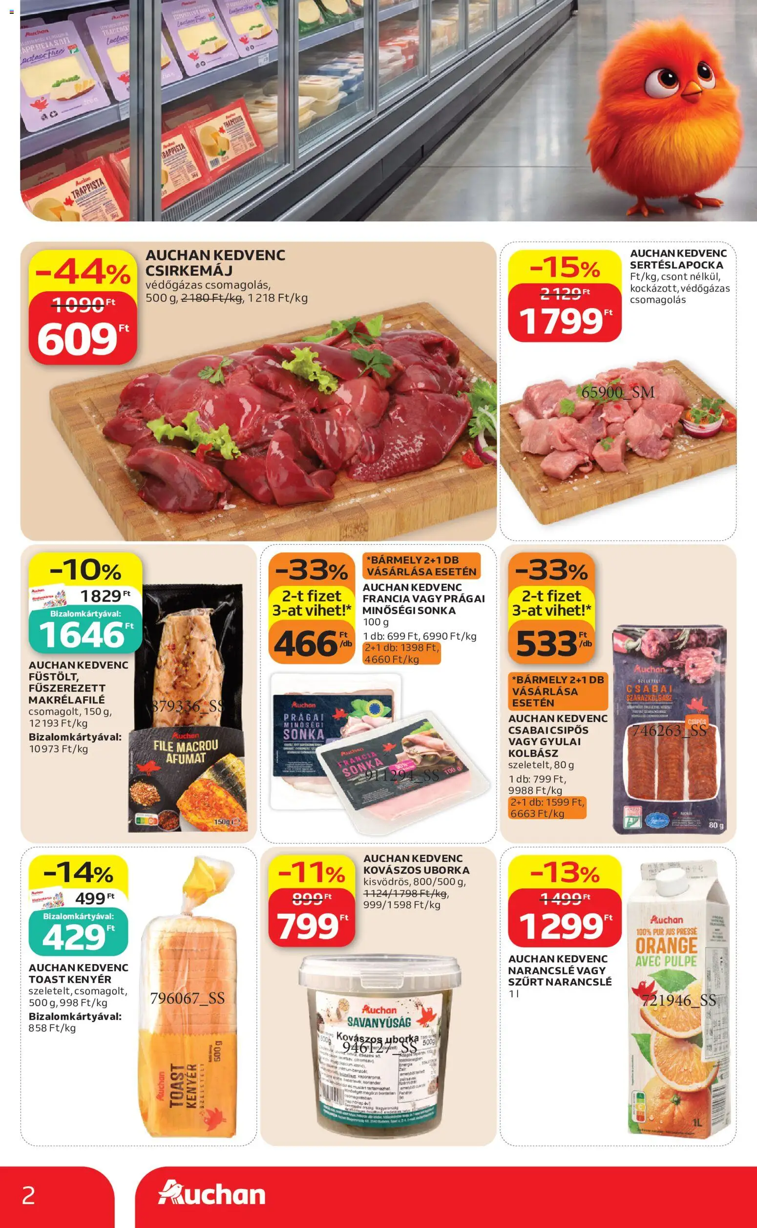 Auchan akciós ujság - amely érvényes a következő dátumtól: 2026.09.03. | Oldal: 2 | Termékek: Sonka, Csirkemáj, Filé, Toast kenyér
