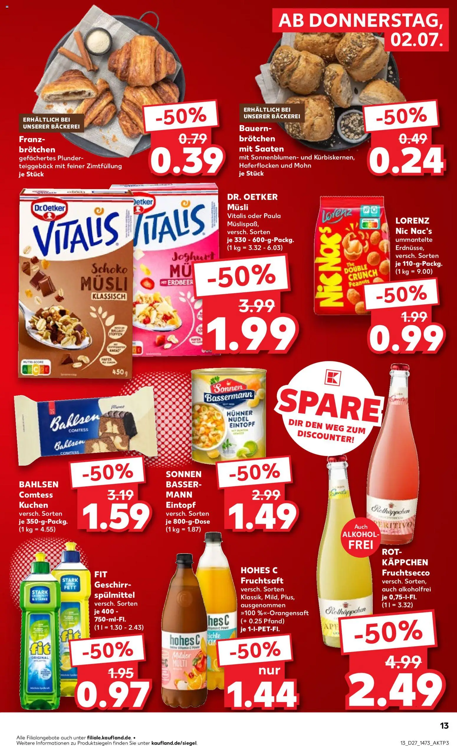 Kaufland Prospekt – gültig ab 02.07.2026 | Seite: 13 | Produkte: Bäckerei, Fruchtsecco, Rotkäppchen, Fruchtsaft