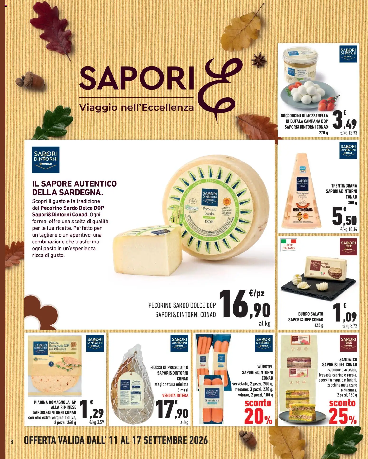 Volantino Conad del 11/09/2026 | Pagina: 8 | Prodotti: Mozzarella, Hummus, Piadina, Mozzarella di bufala
