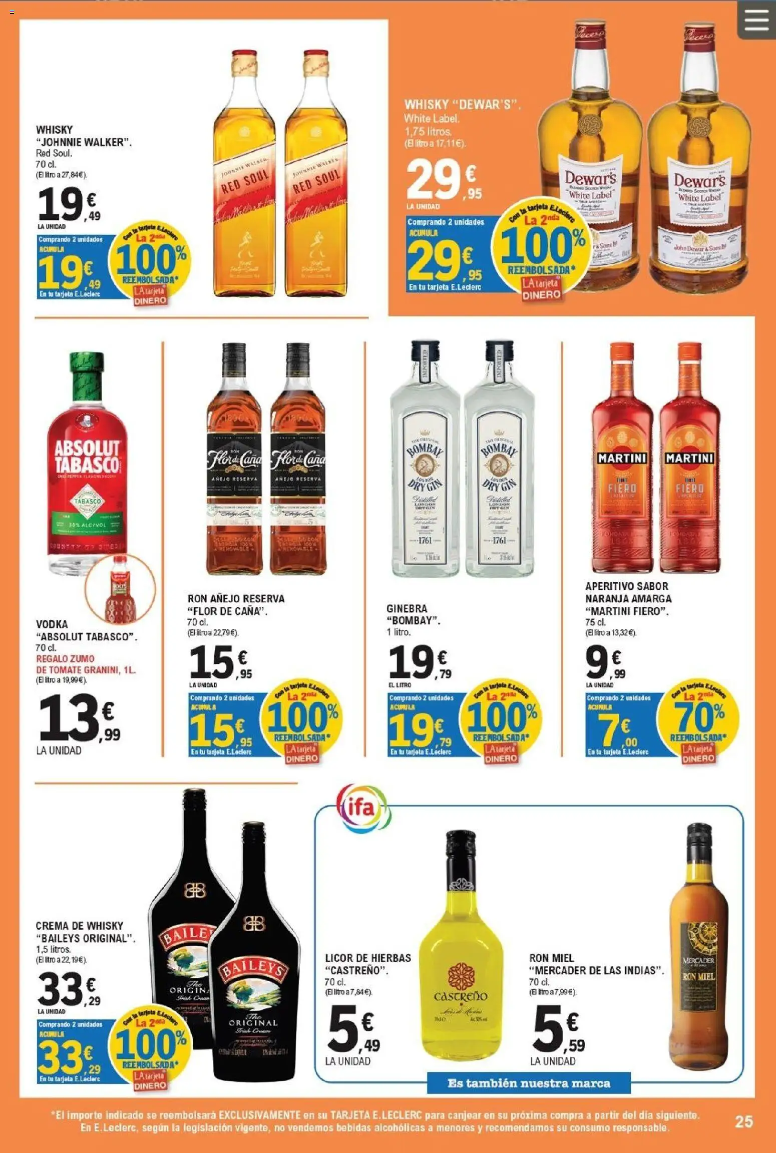 E.Leclerc Pamplona │ válido desde el 09/09/2026 | Página: 25 | Productos: Baileys, Zumo, Ron añejo, Hierbas