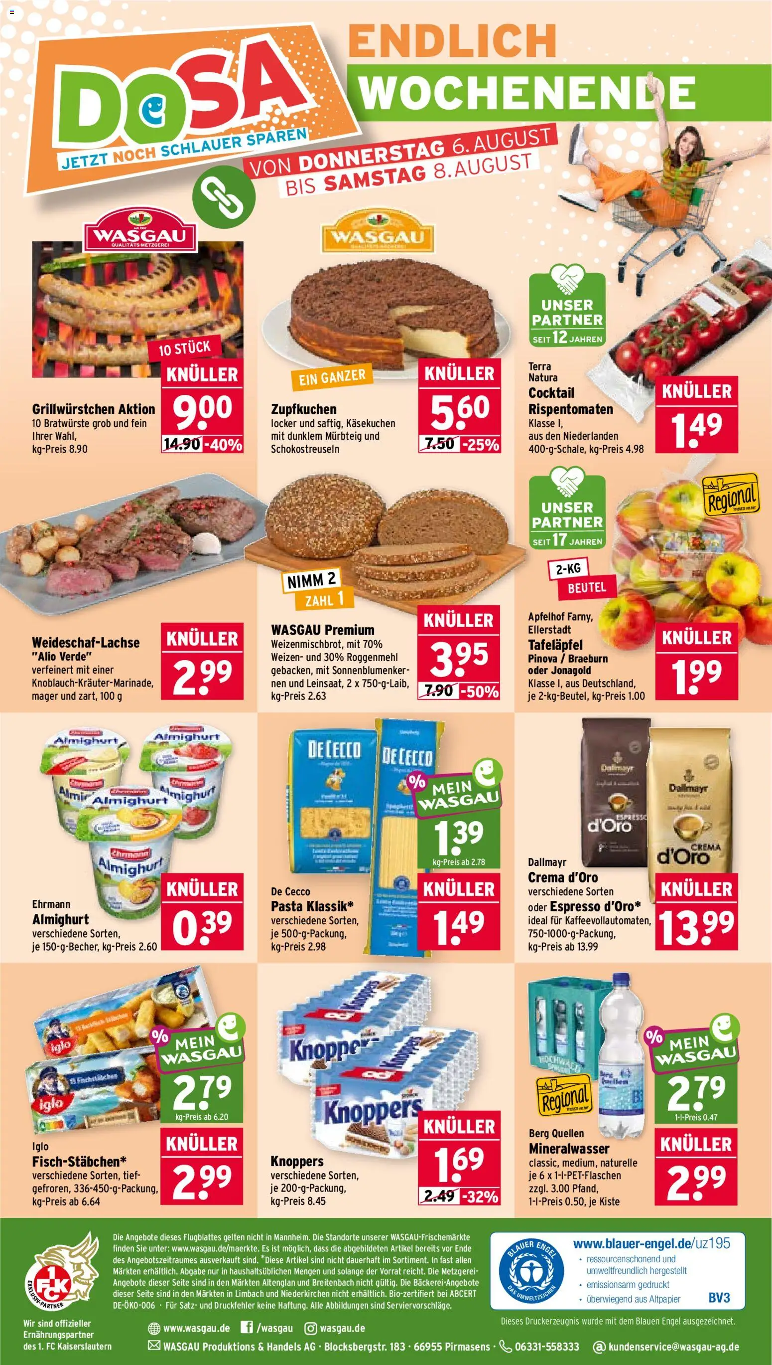 Wasgau Prospekt – gültig ab 03.08.2026 | Seite: 30 | Produkte: Mineralwasser, Dallmayr, Knoppers, Pasta