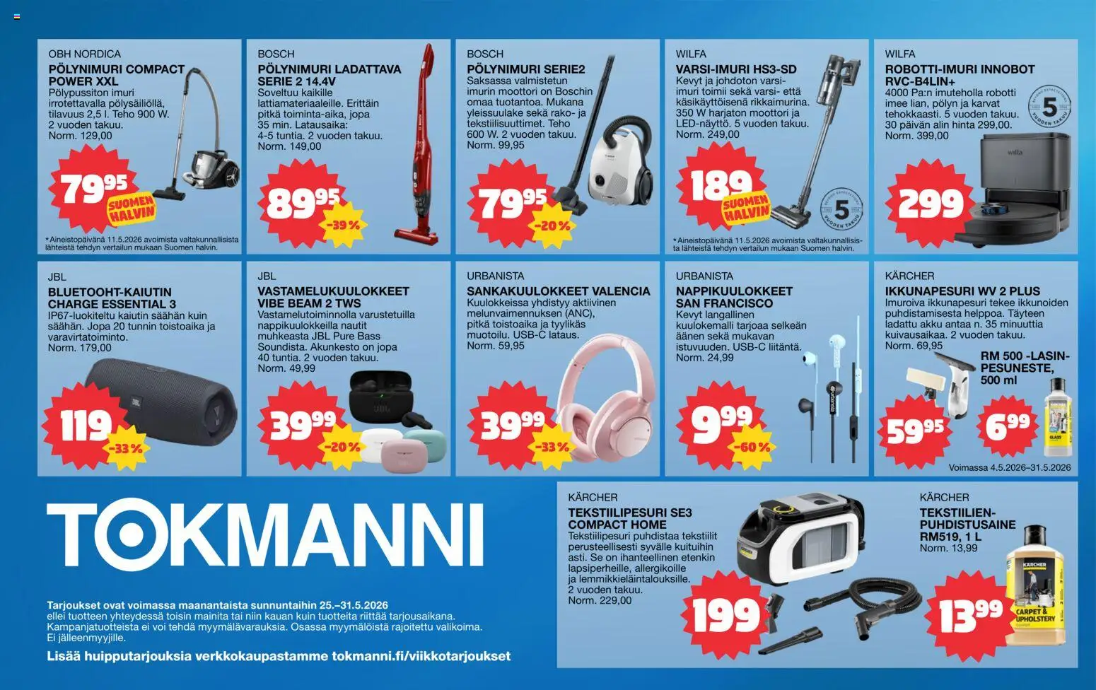 Tokmanni tarjoukset - Aina Edulliset Hinnat! – voimassa 25.05.2026 alkaen | Sivu: 4 | Tuotteet: Imuri, Varsi-imuri, Vastamelukuulokkeet, Akku
