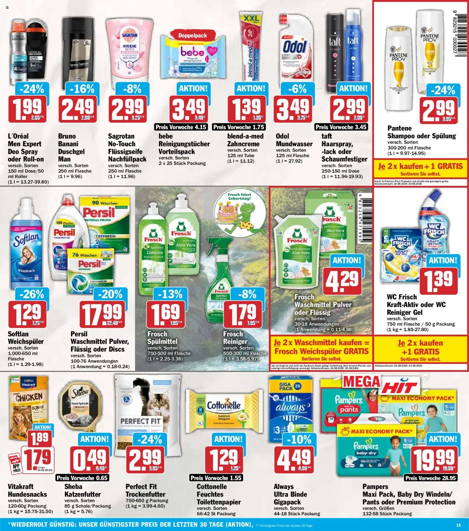 HIT Prospekt – gültig ab 24.08.2026 | Seite: 15 | Produkte: Pampers, Spülung, Duschgel, Mundwasser