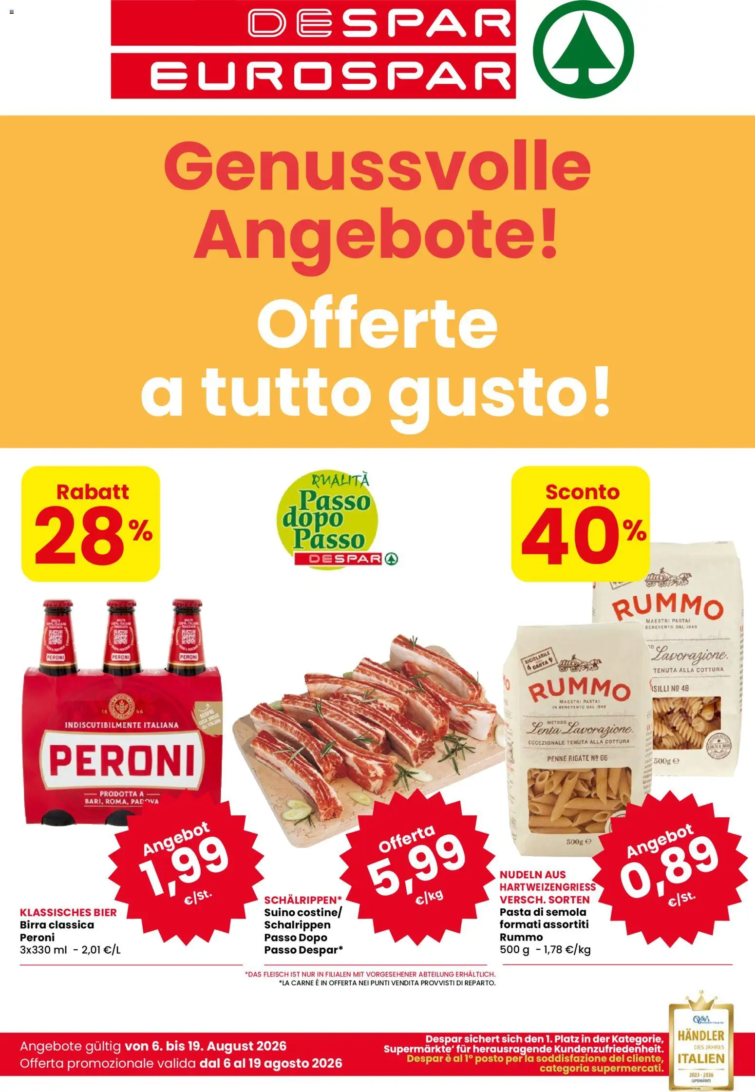 Volantino Eurospar del 06/08/2026 | Pagina: 1 | Prodotti: Pasta, Carne, Semola, Penne