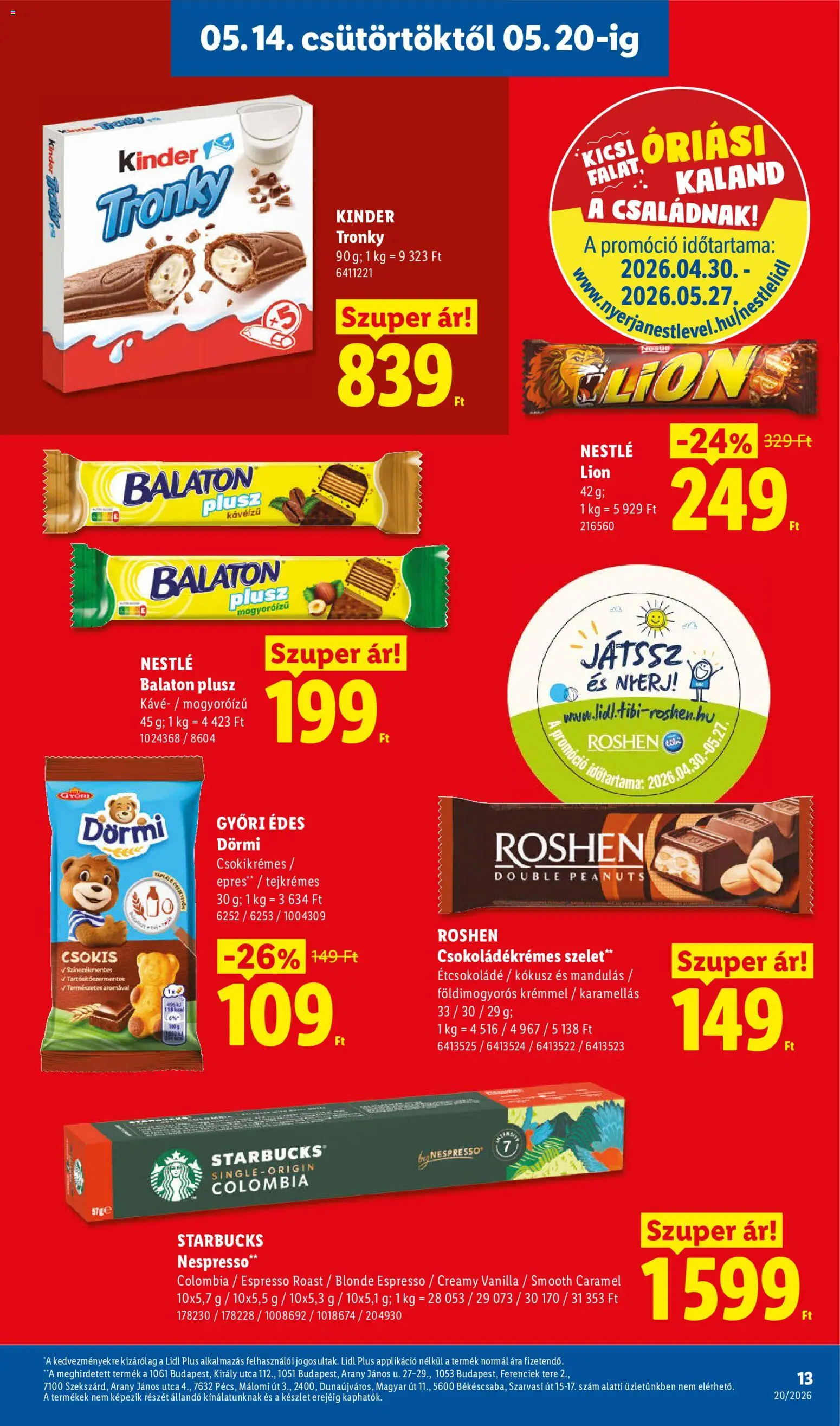 Lidl akciós ujság - amely érvényes a következő dátumtól: 14.05.2026 | Oldal: 13 | Termékek: Kokusz, Étcsokoládé, Kávé