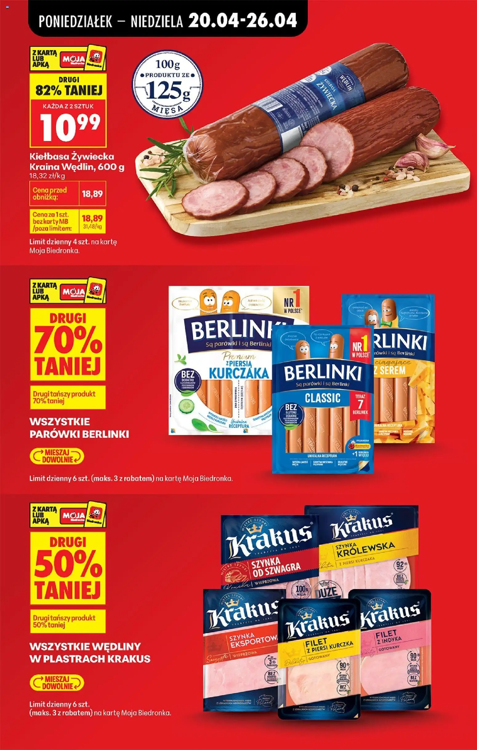 Biedronka gazetka od poniedziałku od 20.04.2026 | Strona: 27 | Produkty: Kiełbasa, Parówki berlinki, Piersi, Szynka wieprzowa