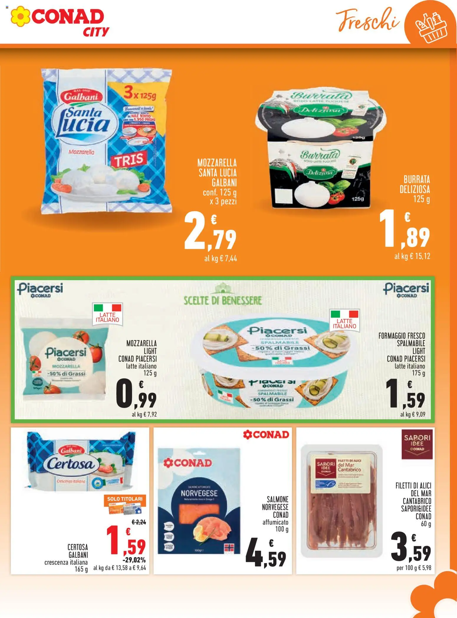 Volantino Conad del 27/08/2026 | Pagina: 5 | Prodotti: Salmone, Mozzarella, Crescenza, Formaggio fresco spalmabile
