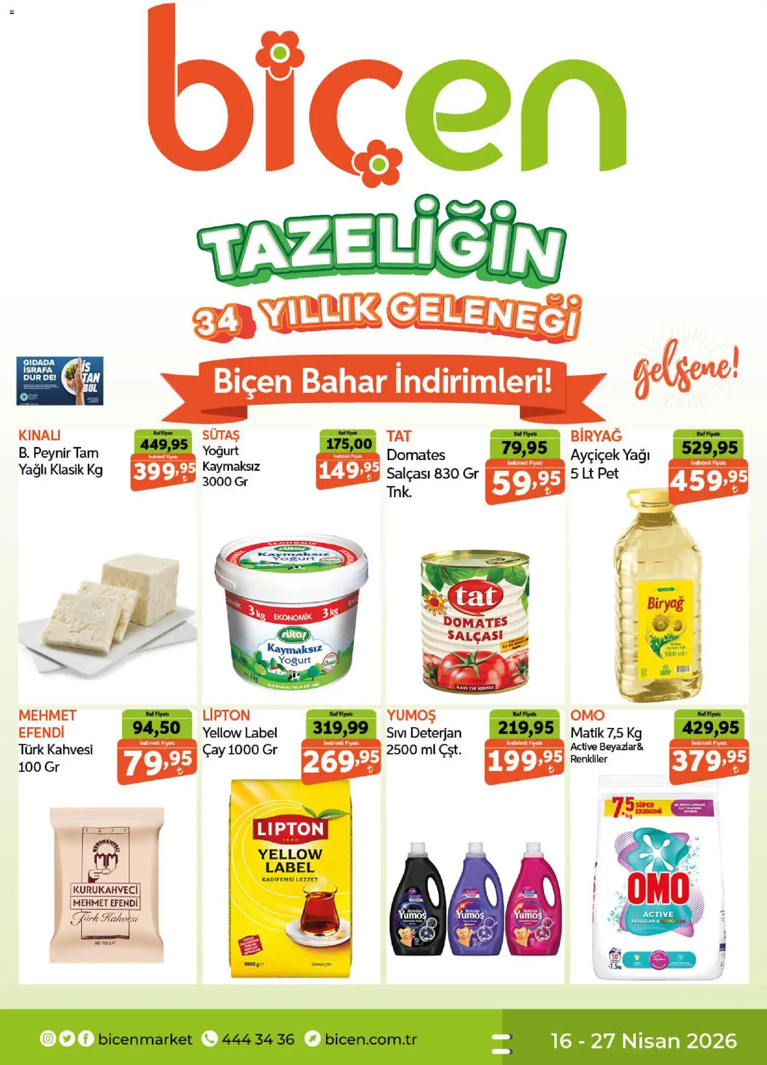 Biçen Market Katalog - 16.04.2026 tarihinden itibaren geçerlidir | Sayfa: 1 | Ürünler: Peynir, Deterjan, Domates, Çay