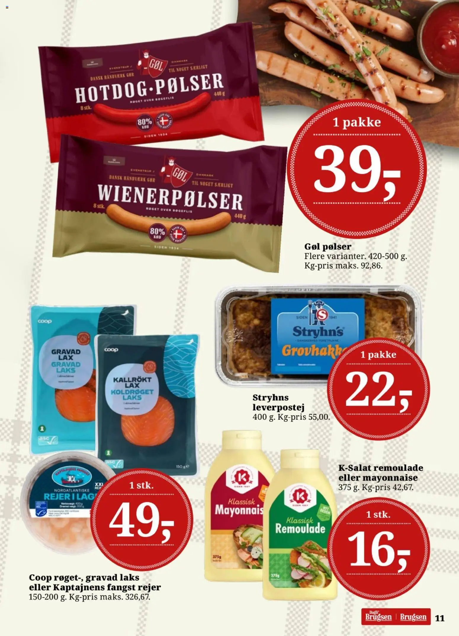 Dagli'Brugsen tilbudsavis – gyldig fra 09/10/2026 | Side: 11 | Produkter: Pølser, Leverpostej, Remoulade, Laks