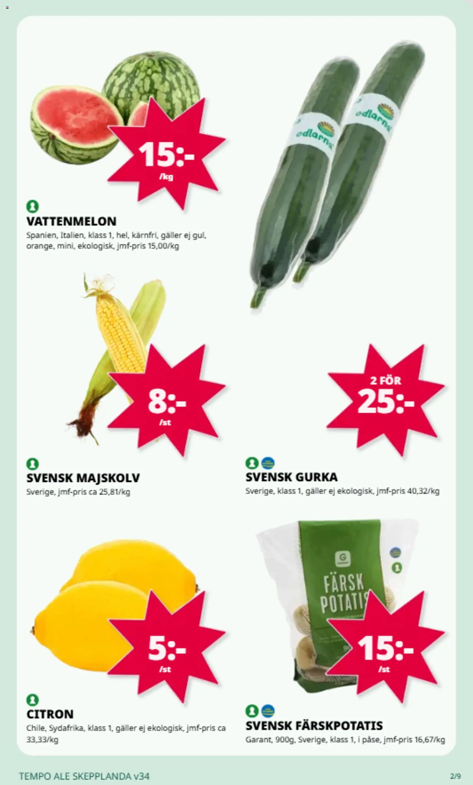 Tempo reklamblad aktuell från 17/08/2026 | Sida: 2 | Produkter: Färskpotatis, Majskolv, Vattenmelon, Gurka