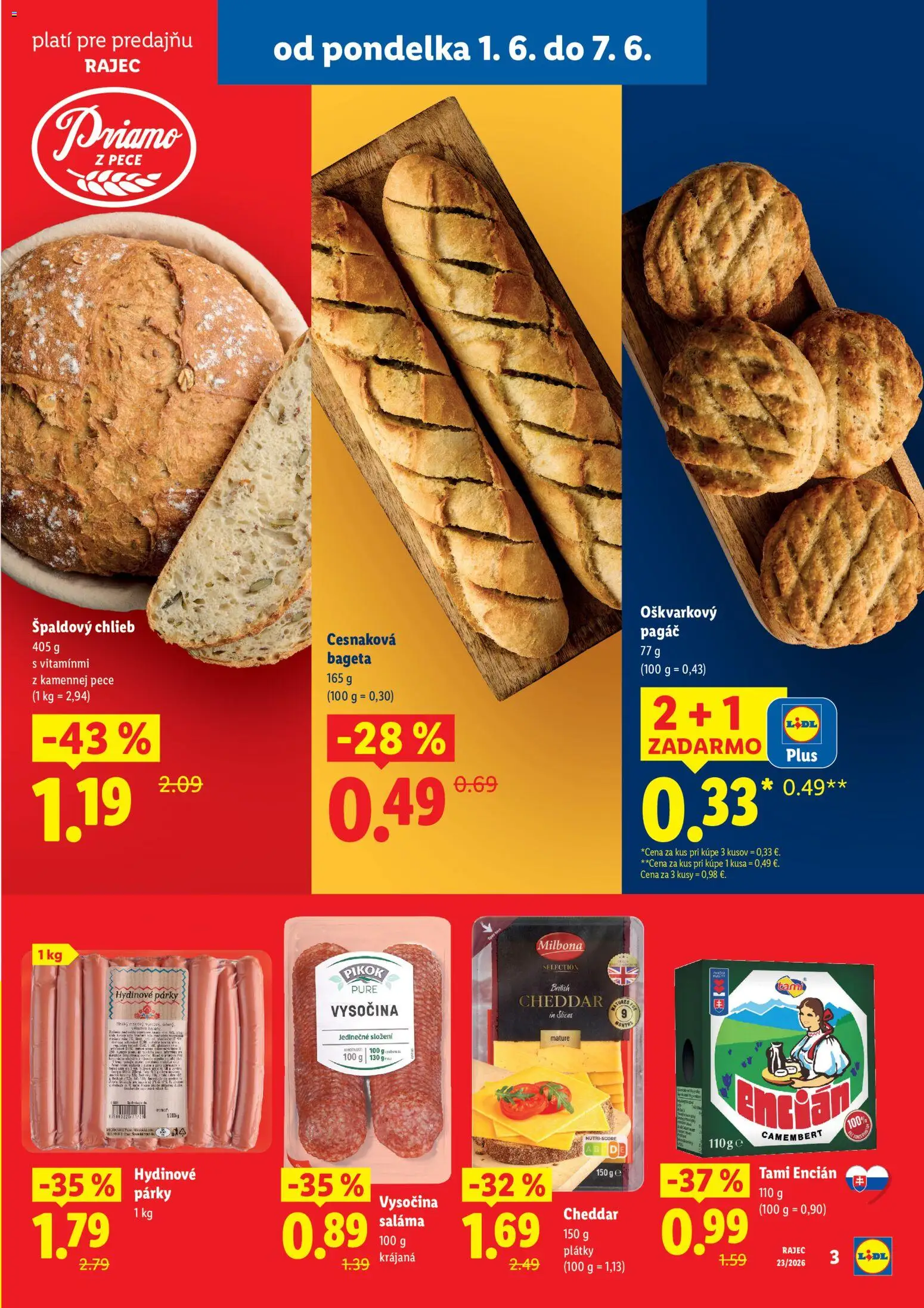 Nové Lidl akcie – leták je platný od 01.06.2026 | Strana: 3 | Produkty: Saláma, Rajec, Encián, Párky