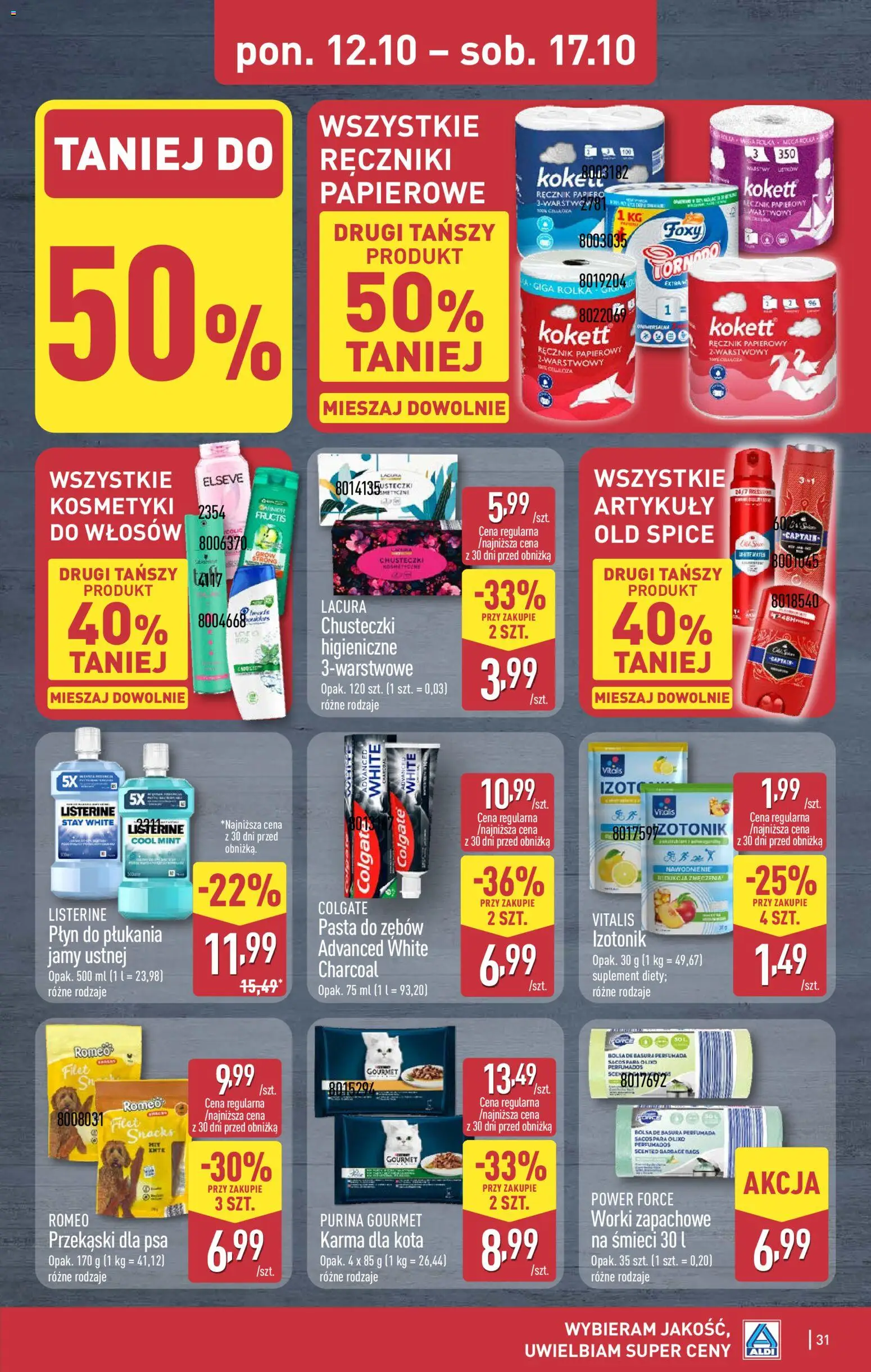 Aldi gazetka od 12.10.2026 | Strona: 31 | Produkty: Chusteczki, Filet, Karma dla kota, Old spice