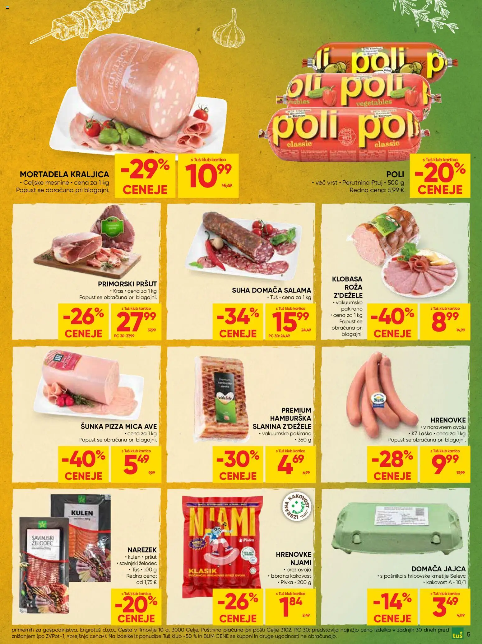 Novi Tuš katalog ponudbe – veljaven od 27.05.2026 | Stran: 5 | Izdelki: Mortadela, Slanina, Jajca, Sunka