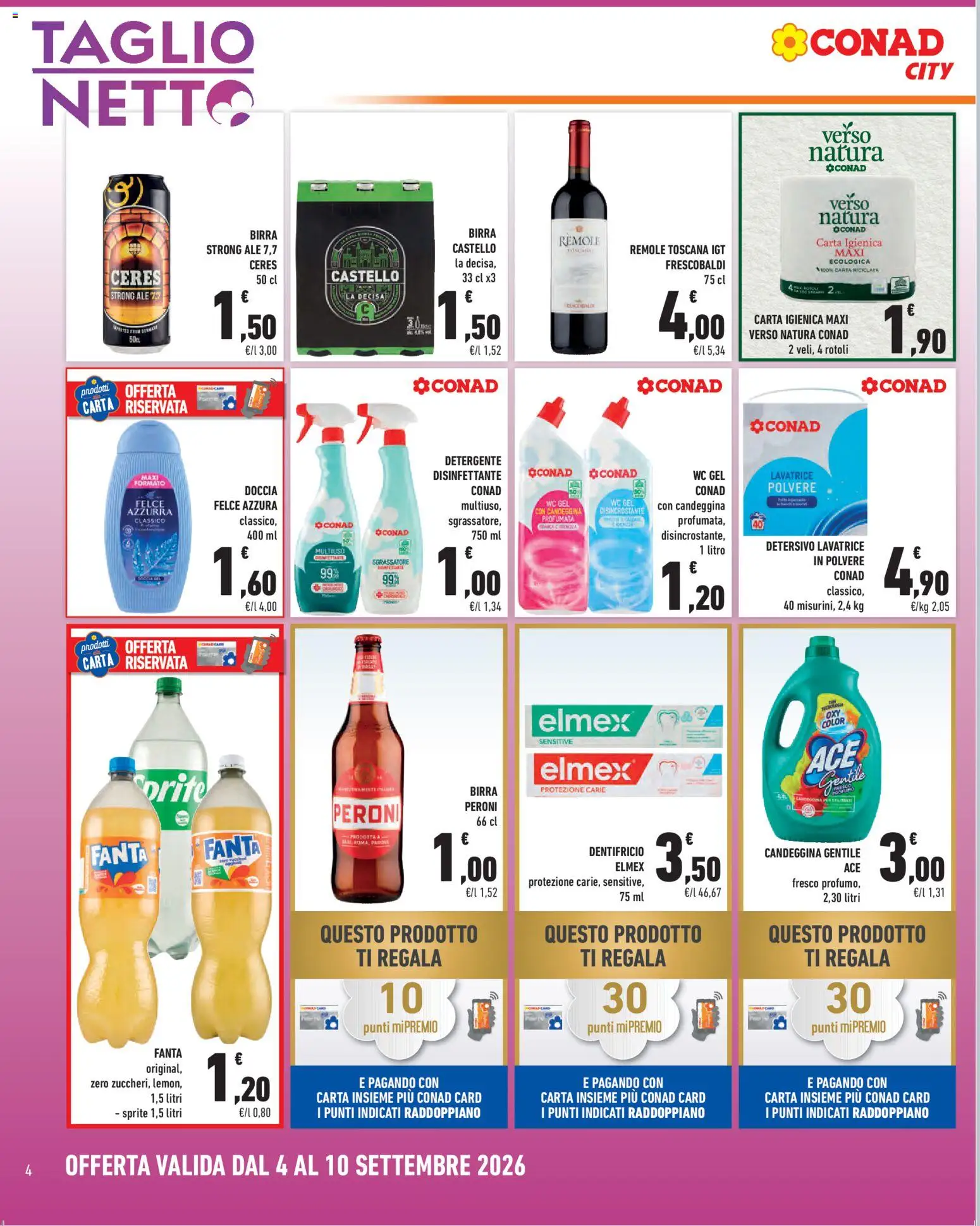 Volantino Conad del 04/09/2026 | Pagina: 4 | Prodotti: Ceres Birra, Candeggina, Fanta, WC