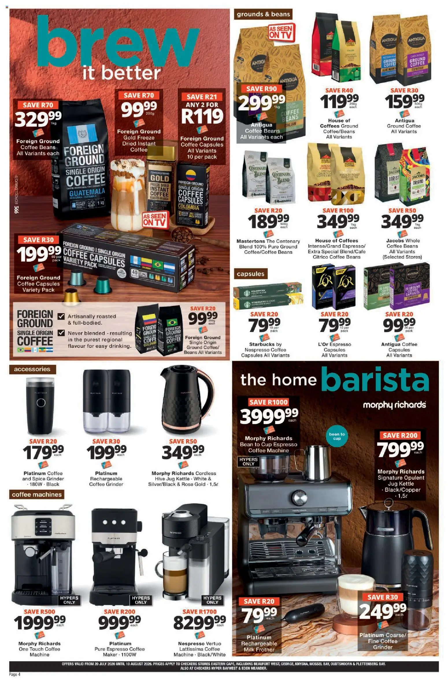 New Checkers catalogue – valid from 20/07/2026 | Page: 4 | Products: Beans, Grinder, Milk frother, Estuche organizador de viaje