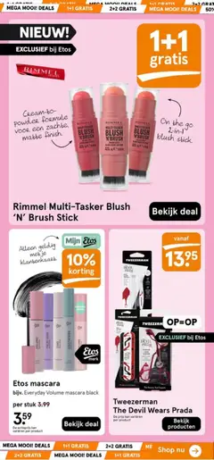 Rimmel Multi-Tasker Blush 'N' Brush Stick, Cream-to-powder formule voor een zachte, matte finish. On the go 2-in-1 blush stick. - Voorbeeld van een folder van Etos, geldig van 08.06.2026 | Pagina: 18 | Producten: Kan, Blush, Mascara