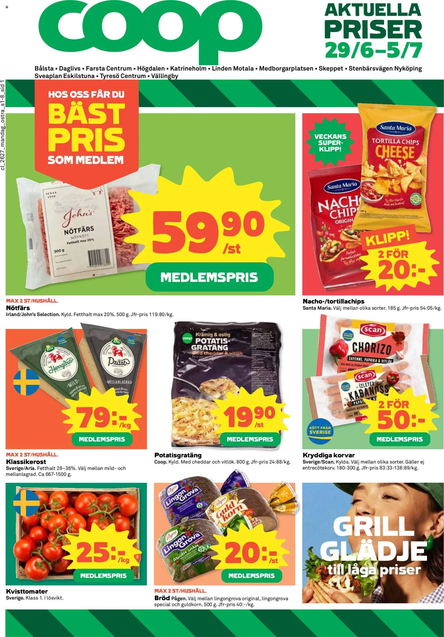 Coop Daglivs reklamblad aktuell från 29/06/2026 | Sida: 1 | Produkter: Bröd, Potatis, Nötkött, Chorizo