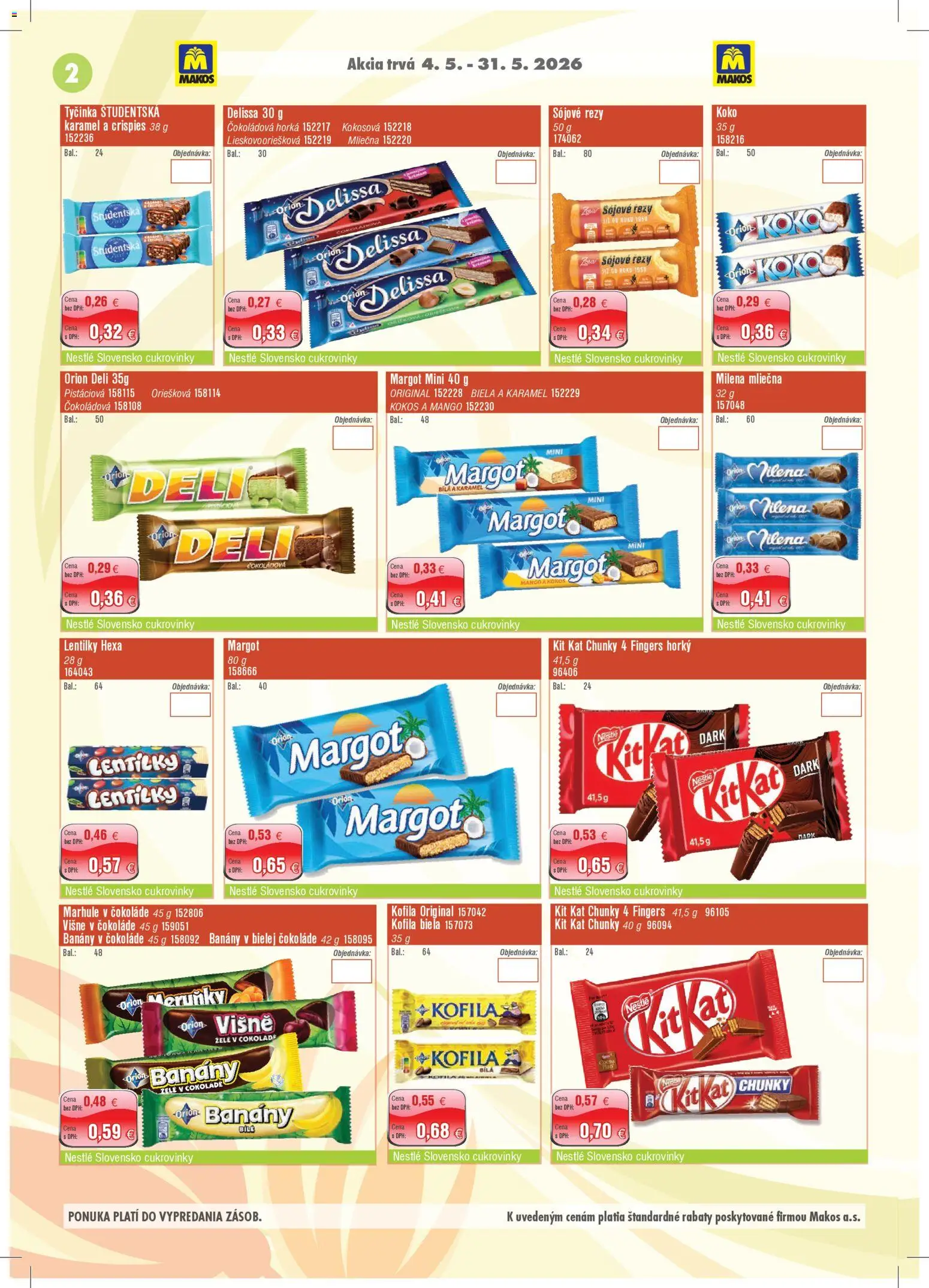 Nové Makos akcie – leták je platný od 04.05.2026 | Strana: 2 | Produkty: Banány v čokoláde, Banány, Višne, Marhule