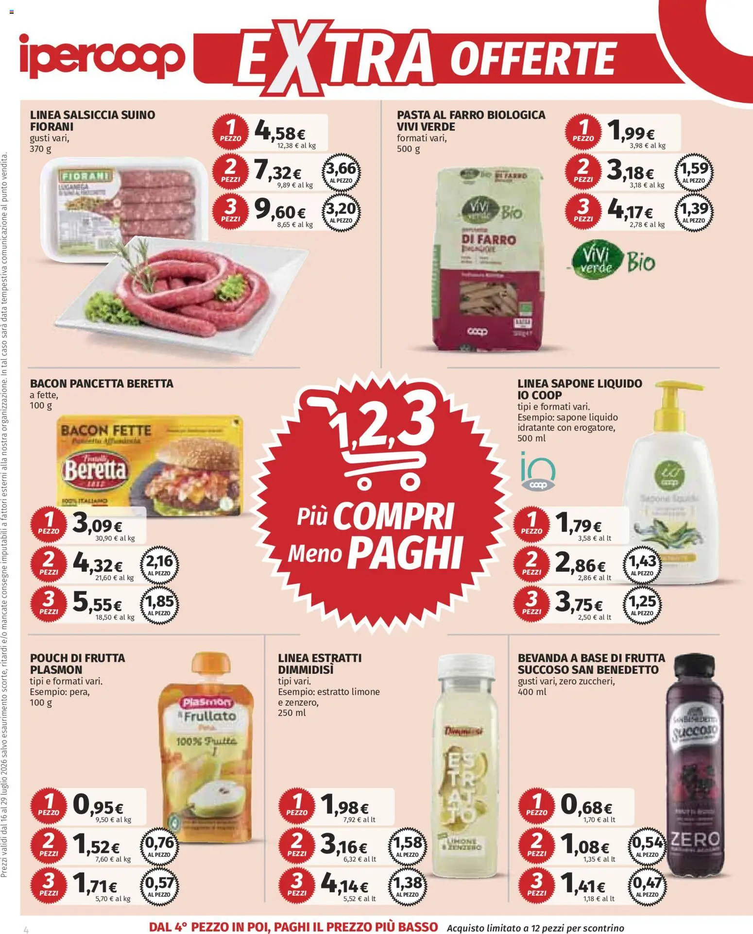 Volantino Ipercoop del 16/07/2026 | Pagina: 4 | Prodotti: Salsiccia, Pasta, Data, Farro
