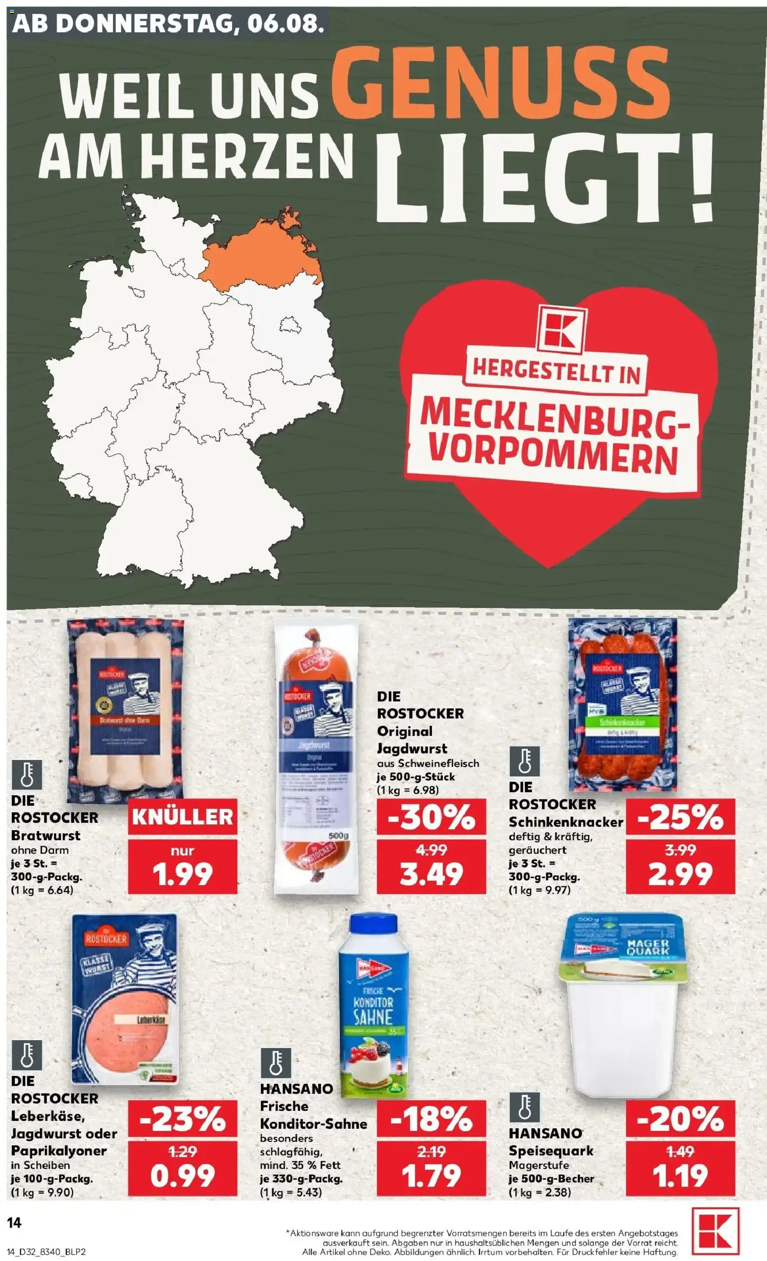 Prospekt Kaufland ab 06.08.2026 » Angebote Online zum Blättern | Seite: 14 | Produkte: Bratwurst, Schweinefleisch, Sahne, Speisequark